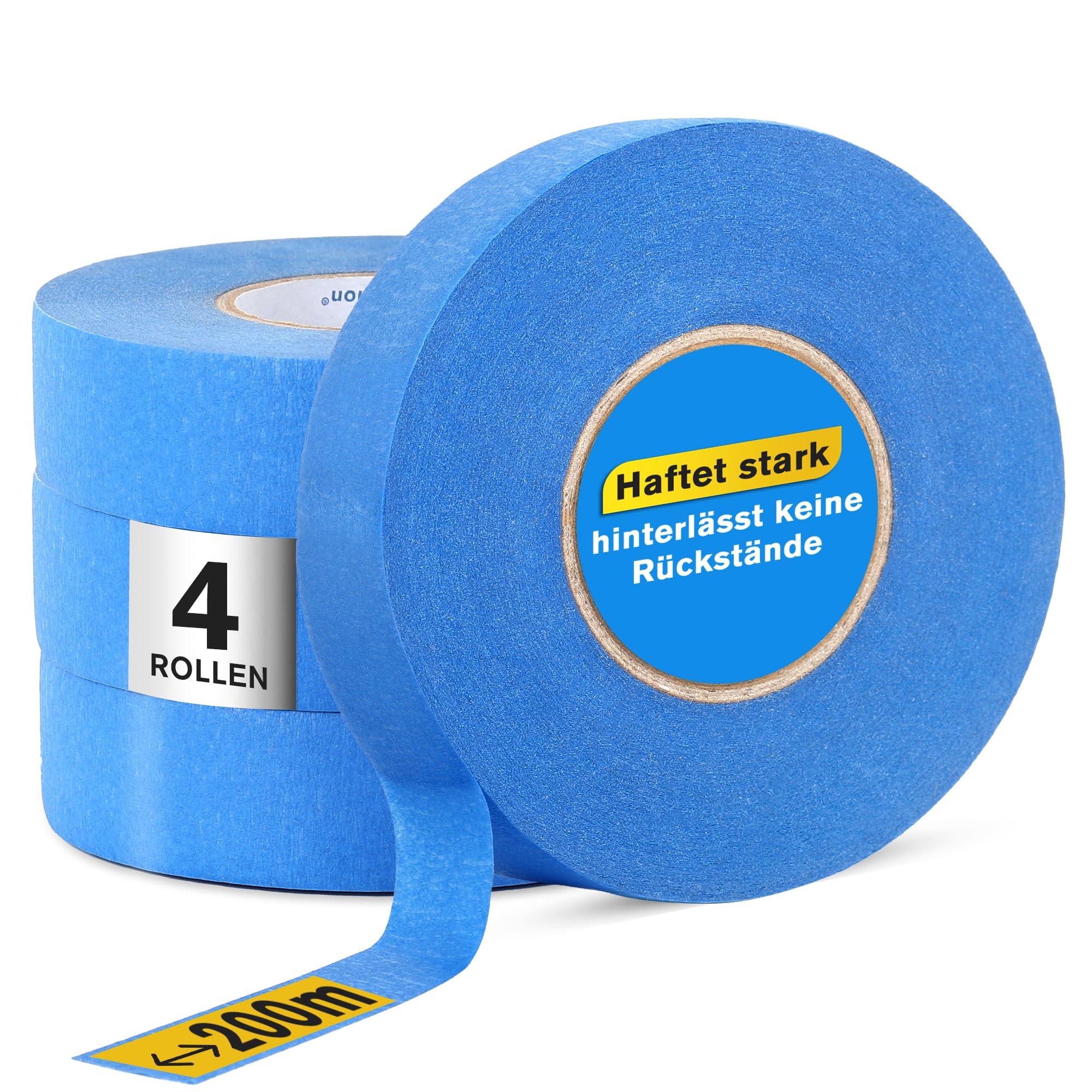 WUFANC Nastro da Pittura per Mascheratura - Adesivo di Precisione per Verniciatura, Ristrutturazione e Fai-da-Te - Carta Washi Rimovibile senza Residui (4 Rotoli - 24 mm x 50 m)