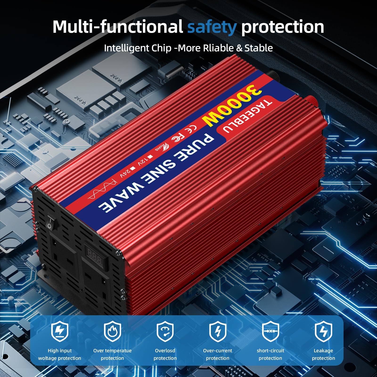 Pure Sine Wave Power Inverter 3000w DC 24V to AC 240V Voltage Converter with 2 AC Outlets,Digital display screen,for Motorhomes,Trucks,Boats,Camping,6000W Peak Power - 2