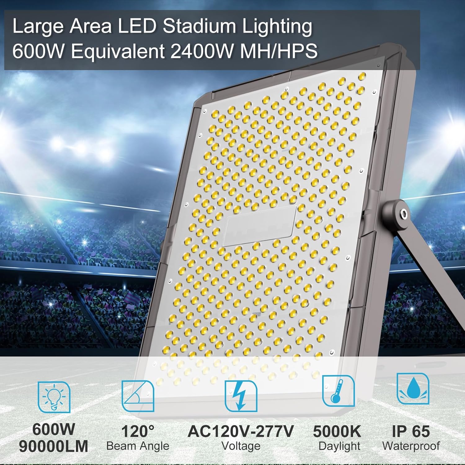 Upgrade 600W Outdoor Flood Lights AC100-277V LED Stadium Lights 90000Lm LED Flood Lights, IP65 Waterproof Area Lighting with Adjustable U Bracket-2Pack