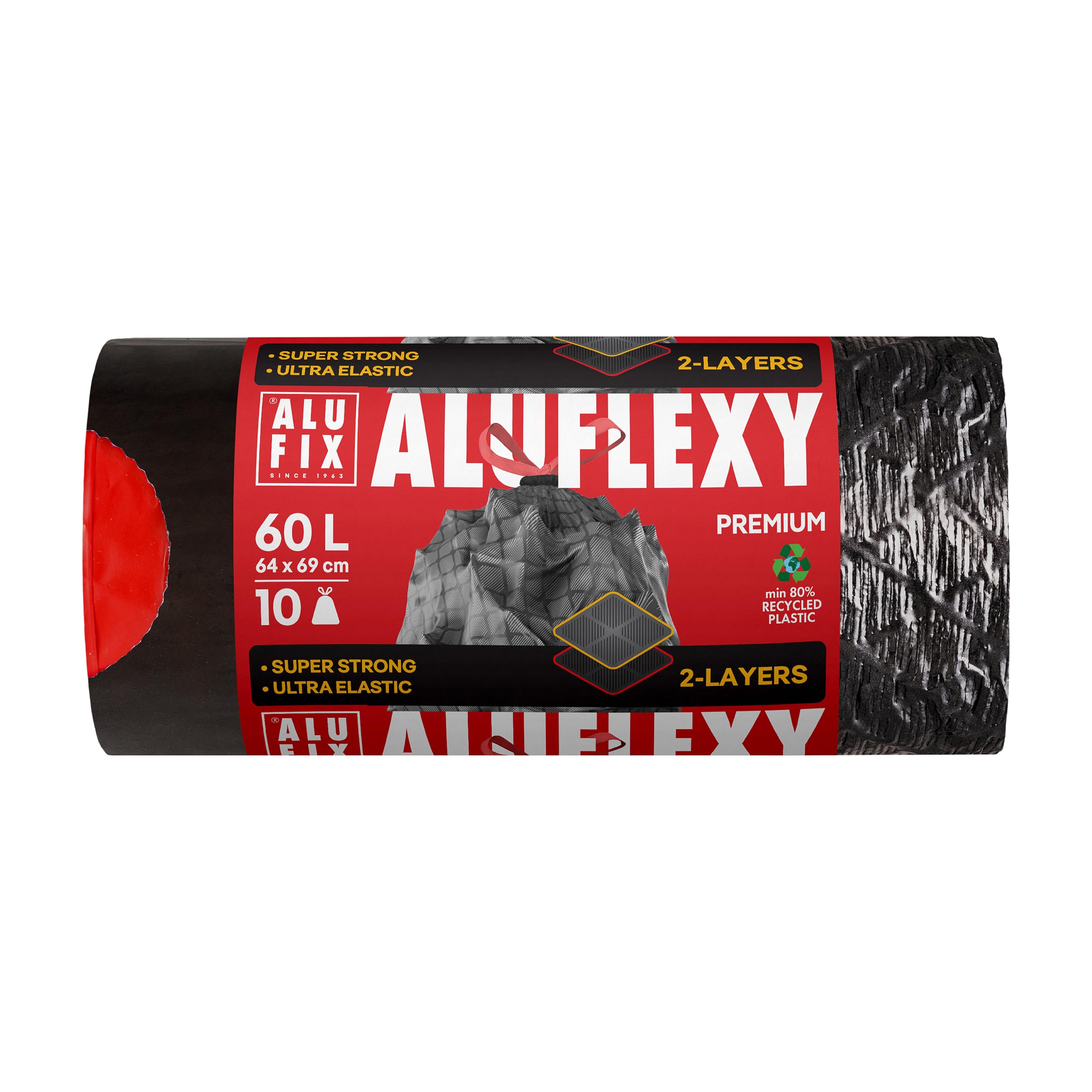ALUFIX Sacchi della spazzatura Pro con cordino/Extra FLEXY LDPE 2 strati, 60 l, 10 sacchetti della spazzatura, 1 rotolo, 33 μm/acciaio nero, 64 × 69 cm, contro crepe e forature/innovativi, eleganti