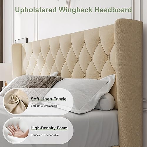 Miniatura 58 de Feonase Base de cama de tamaño matrimonial con cabecera tapizada con respaldo de ala, plataforma y soporte de listones de madera resistente, fácil