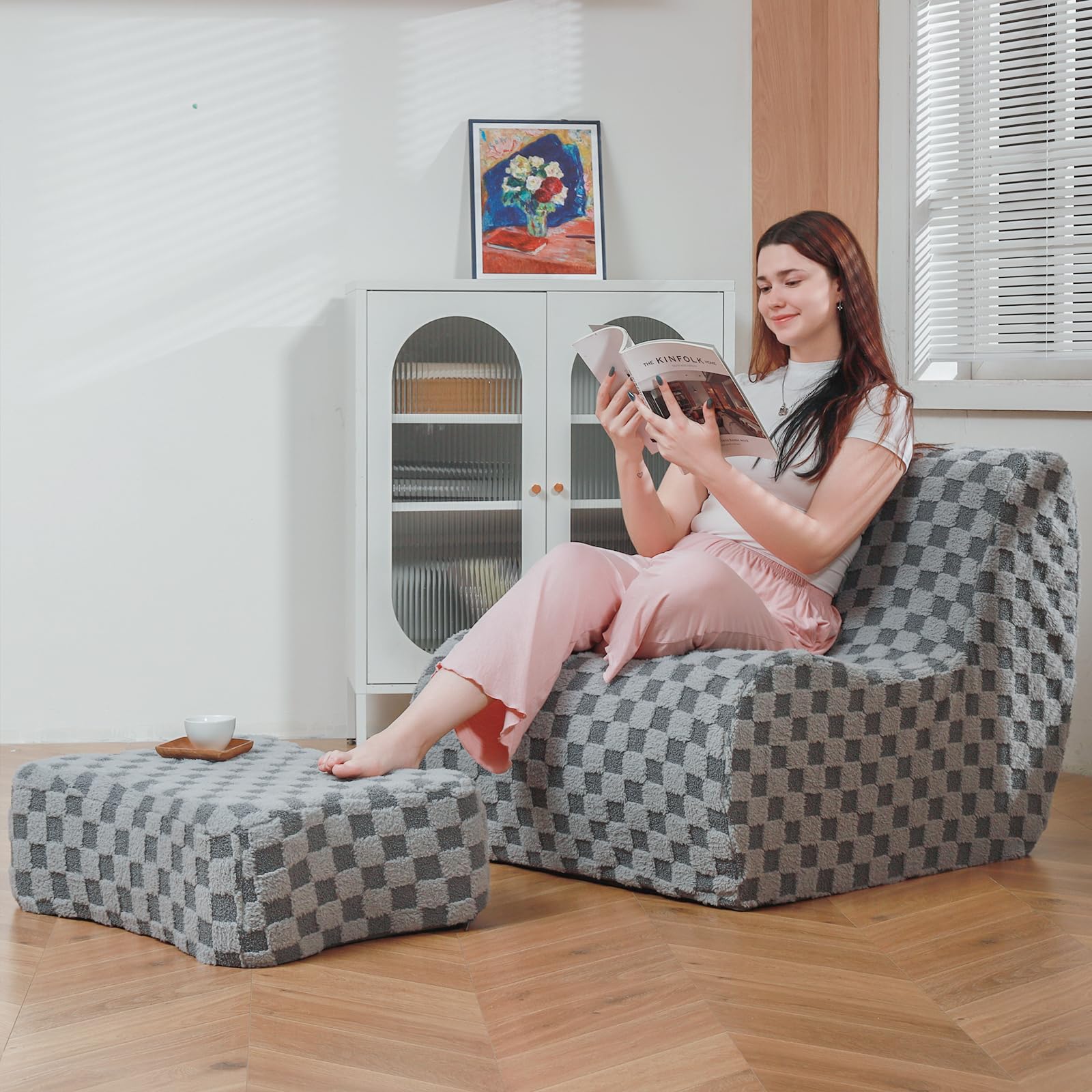 Giant Bean Bag Chair for Adults with Ottoman, Teddy Fabric Beanbag Chair with Memory Foam Filled,Plush Lazy Floor Sofa with Footstool Couch for Living Room,Bedroom,Dorm, Apartment, Grey