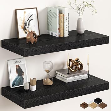 30Inch Black Floating Shelves for Wall, 12 Inch Deep Shelves for Bedroom, Kitchen, Bathroom Wall Mounted, Rustic Wood Floating Shelf with Invisible Brackets for Books, Storage, Decor, 2 Packs