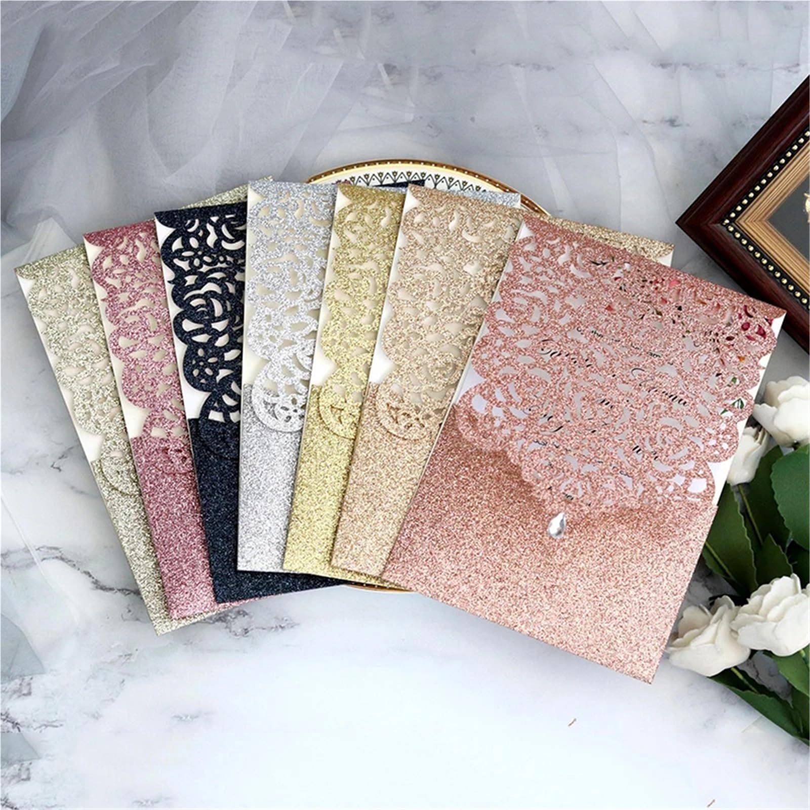 Einladungskarten für alle Anlässe, Hochzeitseinladungskarten, 10er-Pack, Glitzerpapier, Mehrfarbig, 125 x 180 mm, mit Umschlägen(Rose Cover Insert)