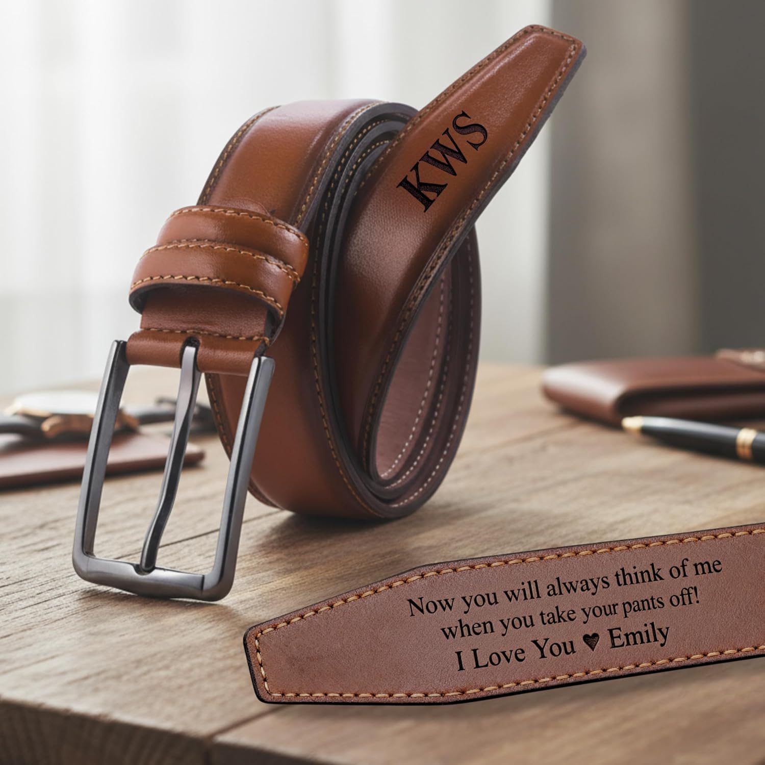 Top Grain Genuine Leather Belt for Men, Custom Engraved Gift for Wedding, Anniversary, Groom or Valentines - Image 2