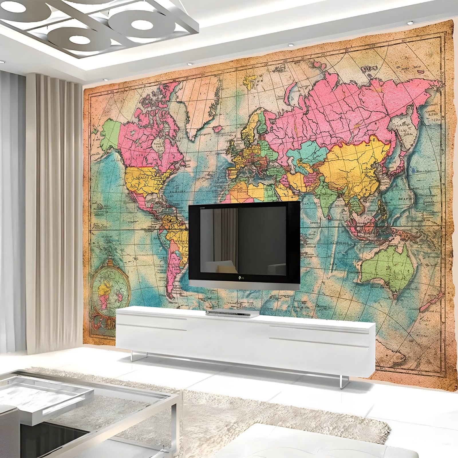 Fototapeta fototapeta mapa świata kolorowa retro 350 x 256 cm plakat mural HD druk 3D włóknina fototapeta, nowoczesny salon sypialnia tło telewizora dekoracja ścienna