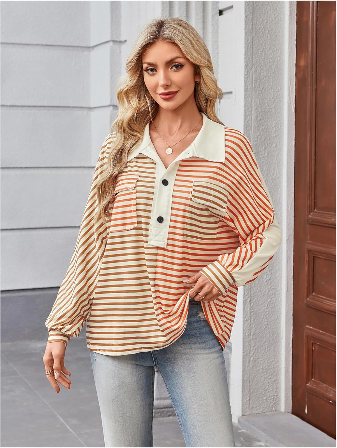 WDIRARA Women's Striped Tee Shirts Button Front Collared Tee Long Dolman Sleeve Oversized Top - Image 5