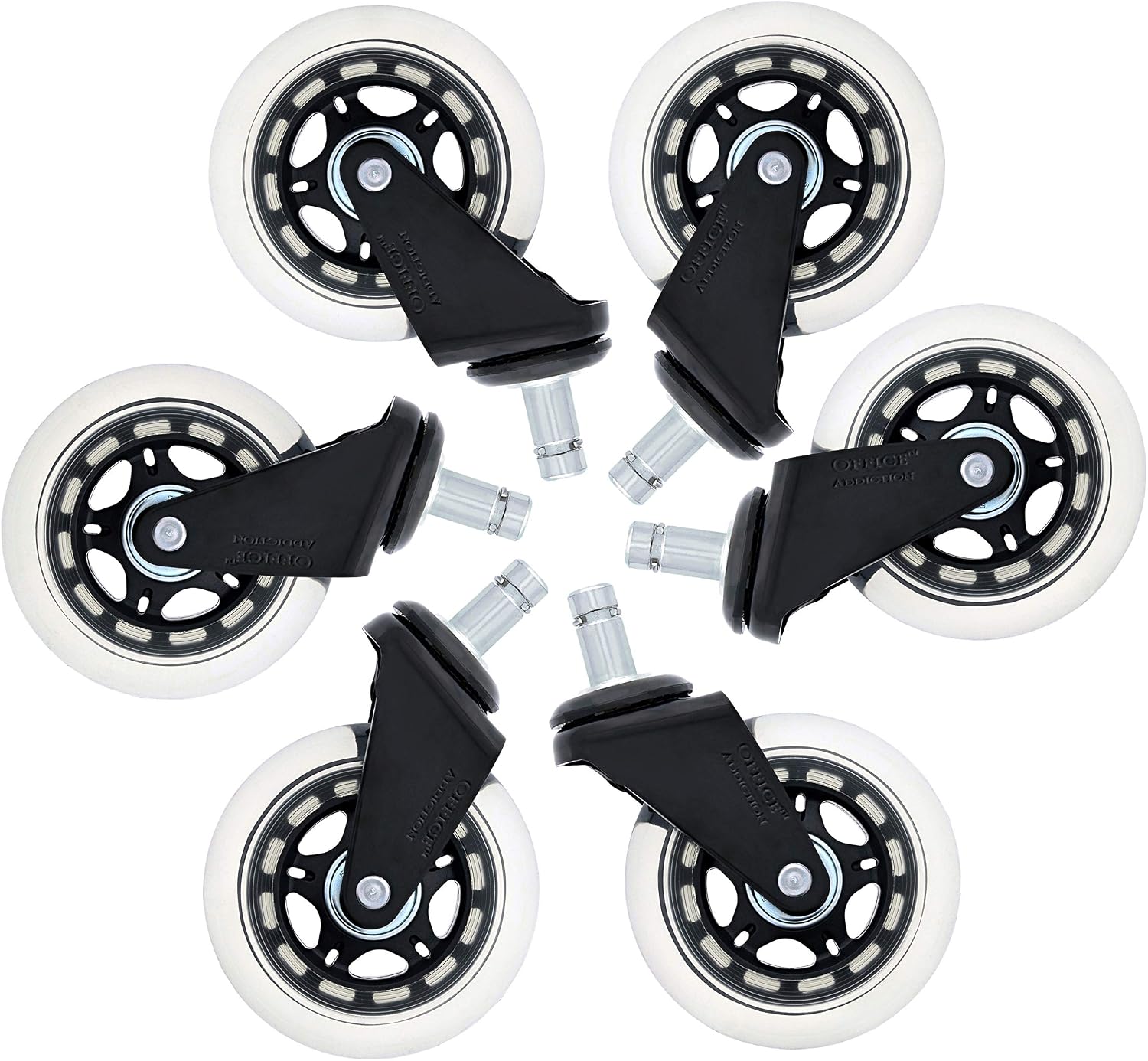 (Set of 5) Office Addiction - Office Chair Replacement Wheels - Hardwood Safe 3-Inch Heavy Duty Replacements - Ball Bearing Swivels - Floor Safe Design - Black/Clear