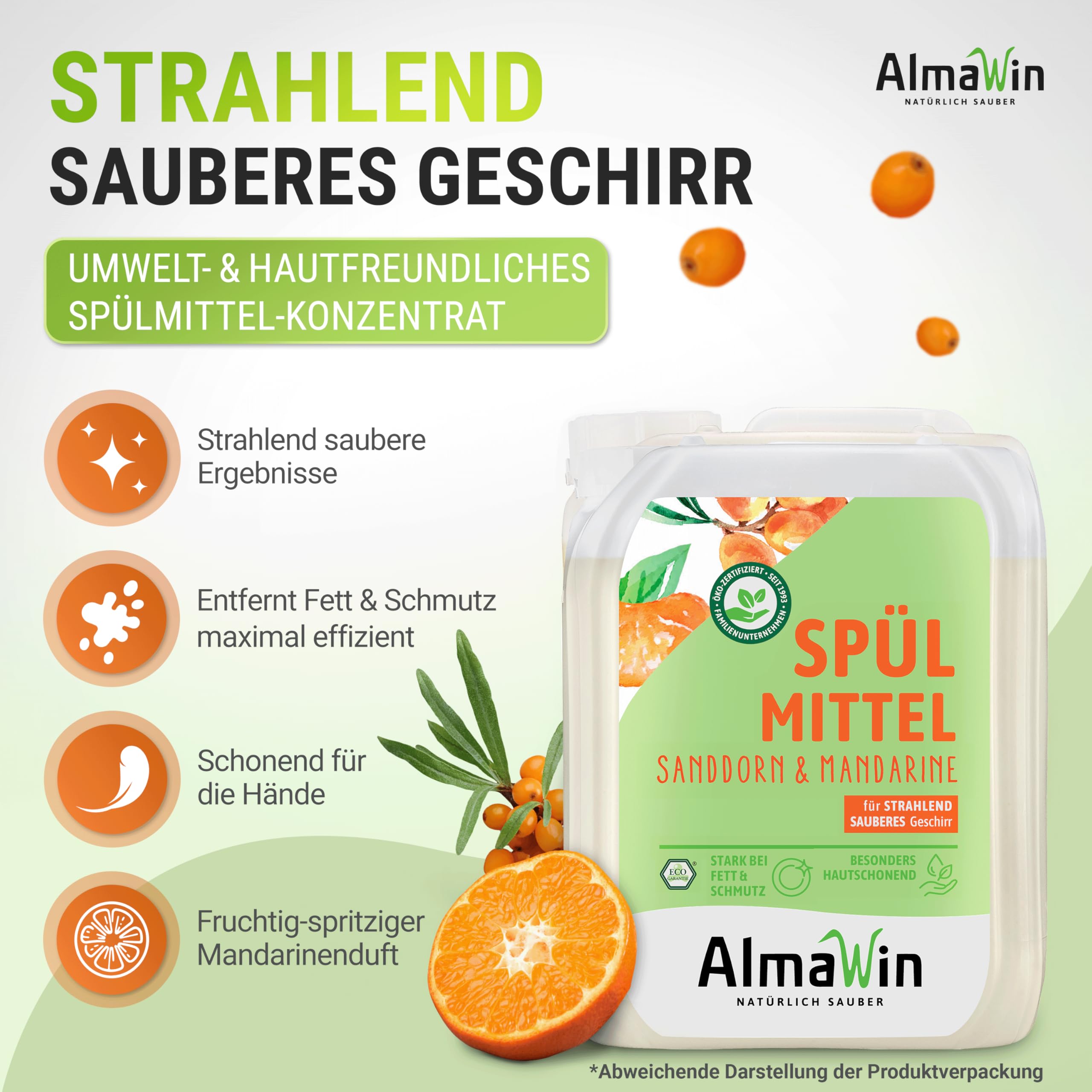 AlmaWin® Spülmittel Öko [20L] mit Sanddorn & Mandarine-Duft - Kraftvolles Geschirrspülmittel flüssig mit hoher Fettlösekraft - Vegan Dish Soap - Ergiebiges Konzentrat im Nachfüllkanister