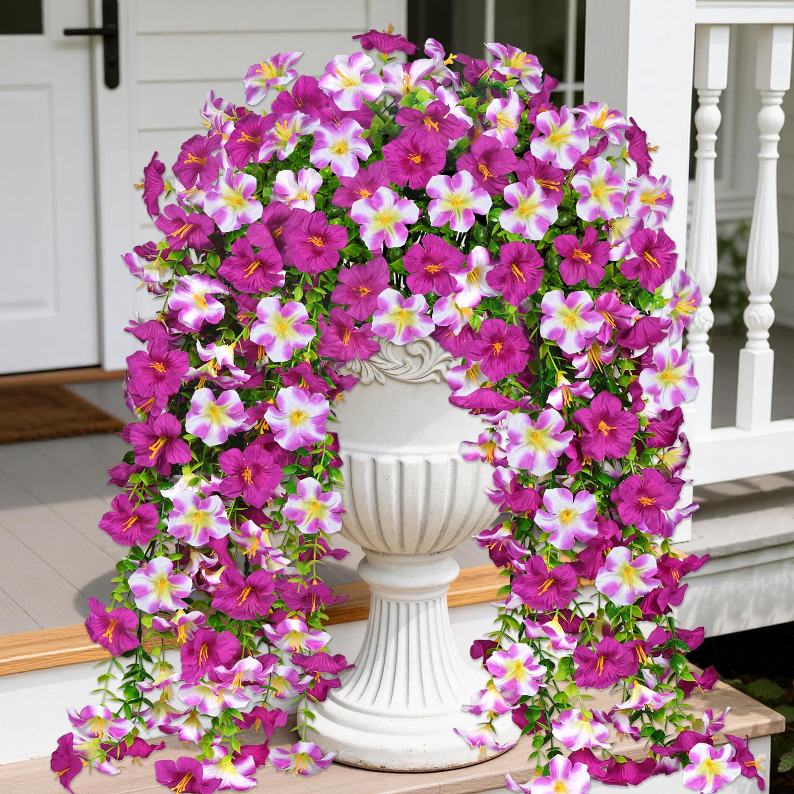 4PCS Artificial Fake Hanging Flowers Plants for Outdoor Decoration Faux Silk Morning Glory with Eucalyptus Leaves UV Resistant Realistic Flowers for Balcony Porch Patio Yard (White image 1