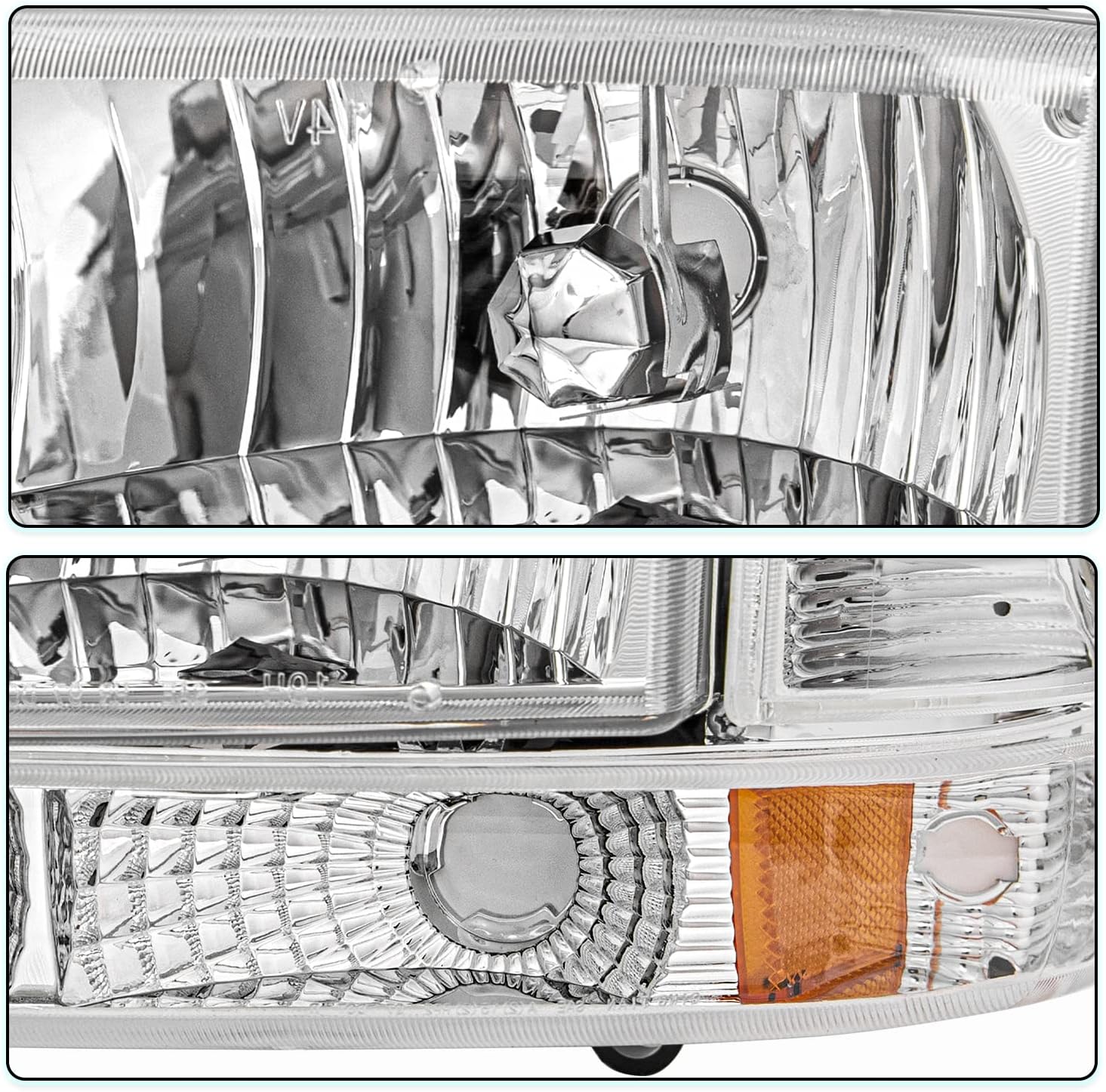 Headlight Assembly Set Fit for 1997-2004 Dakota / 1998-2003 Durango & Bumper Light 4 PCS Replacement OE Headlamp Chrome Housing with Amber Reflector Bulbs Included