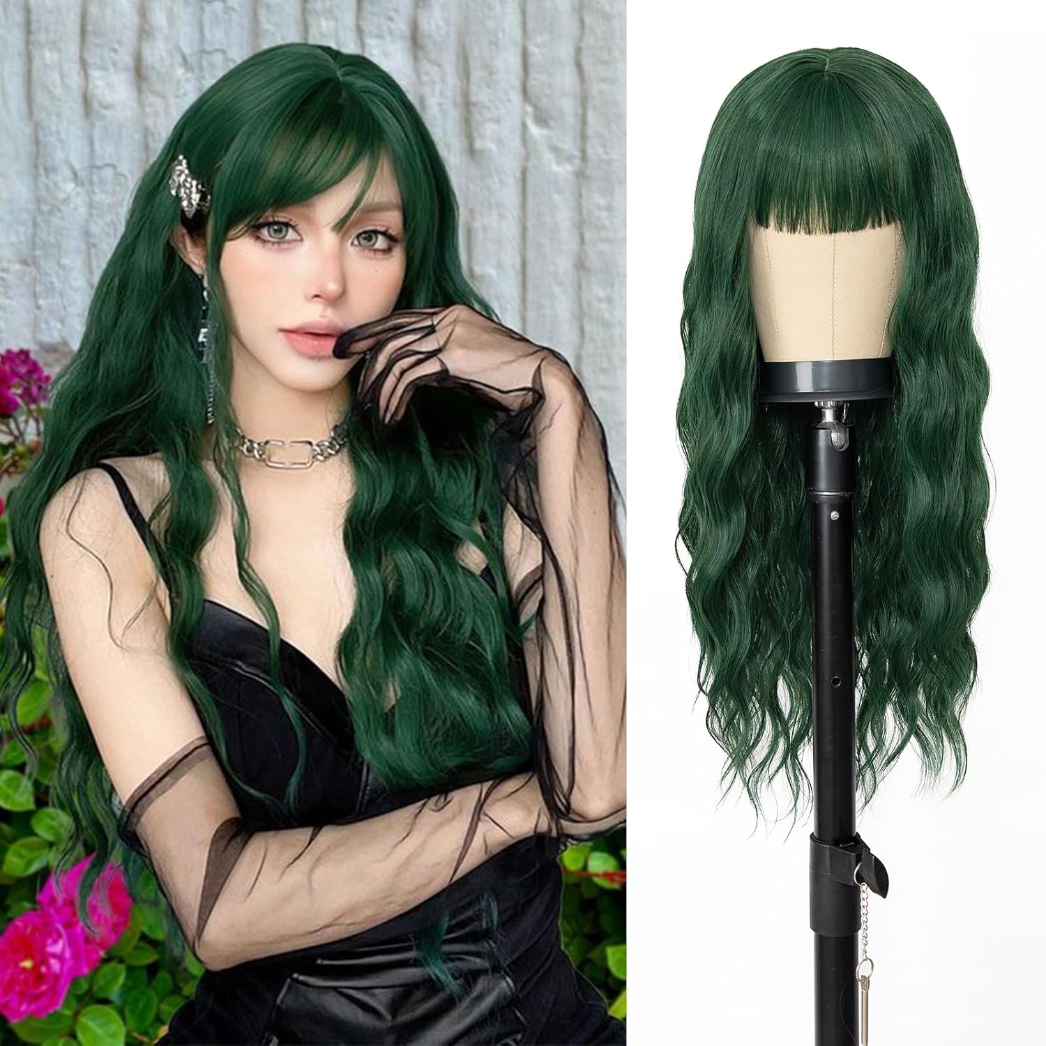 ENTRANCED STYLES Green Wigs for Women,Long Green Wig with Bangs,Synthetic Heat Resistant Fiber Wig Womens Wavy Wigs Long Curly Wig for Daily Cosplay Party 26 Inch Dark Green