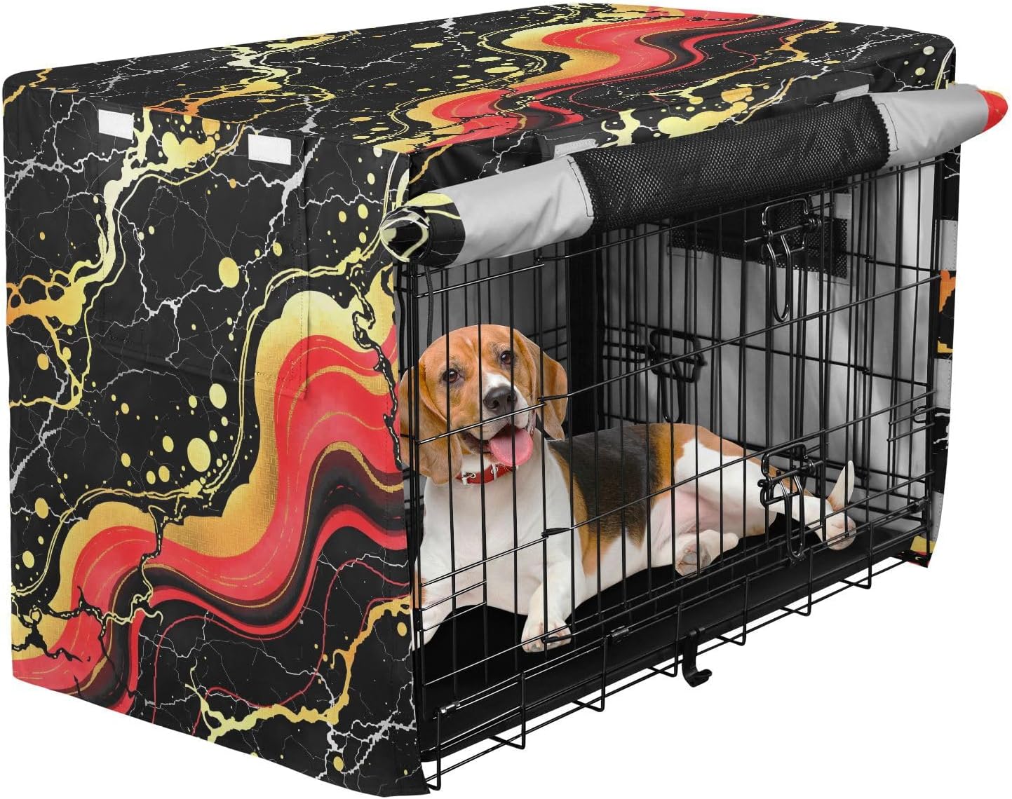 Abstract Black Marbled Pattern Dog Crate Cover 600D Oxford Pet Kennel Cover with Mesh Window for Dog Cages, Windproof Waterproof Machine Washable, 42"x28"x30"