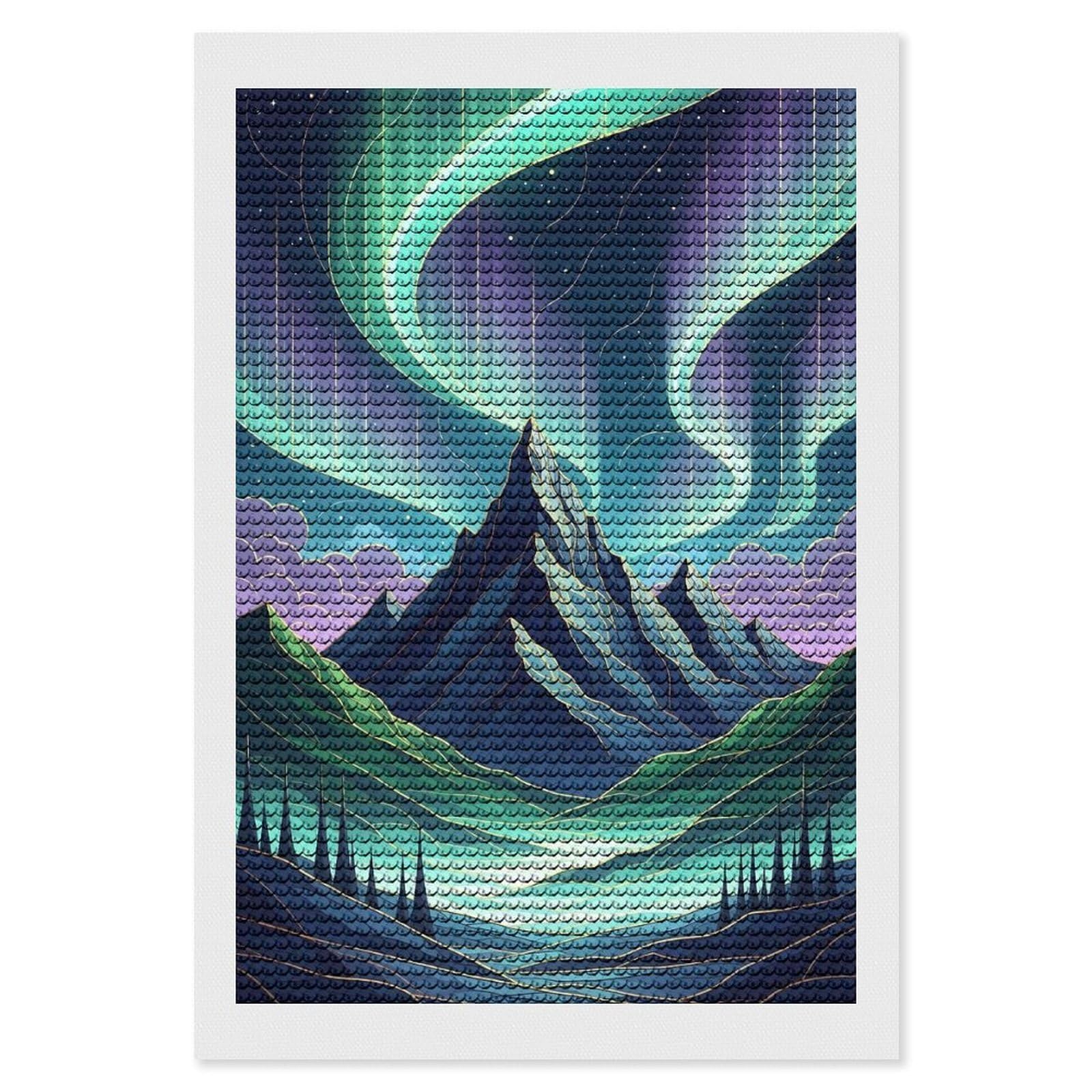 Junmoney Aurora Borealis Over Mountain Landscape Diamond Art Canvas 8"x12", Decorate Your Room, Mindful Craft Activity, Cosy Home Accent, Thoughtful Handmade Gift