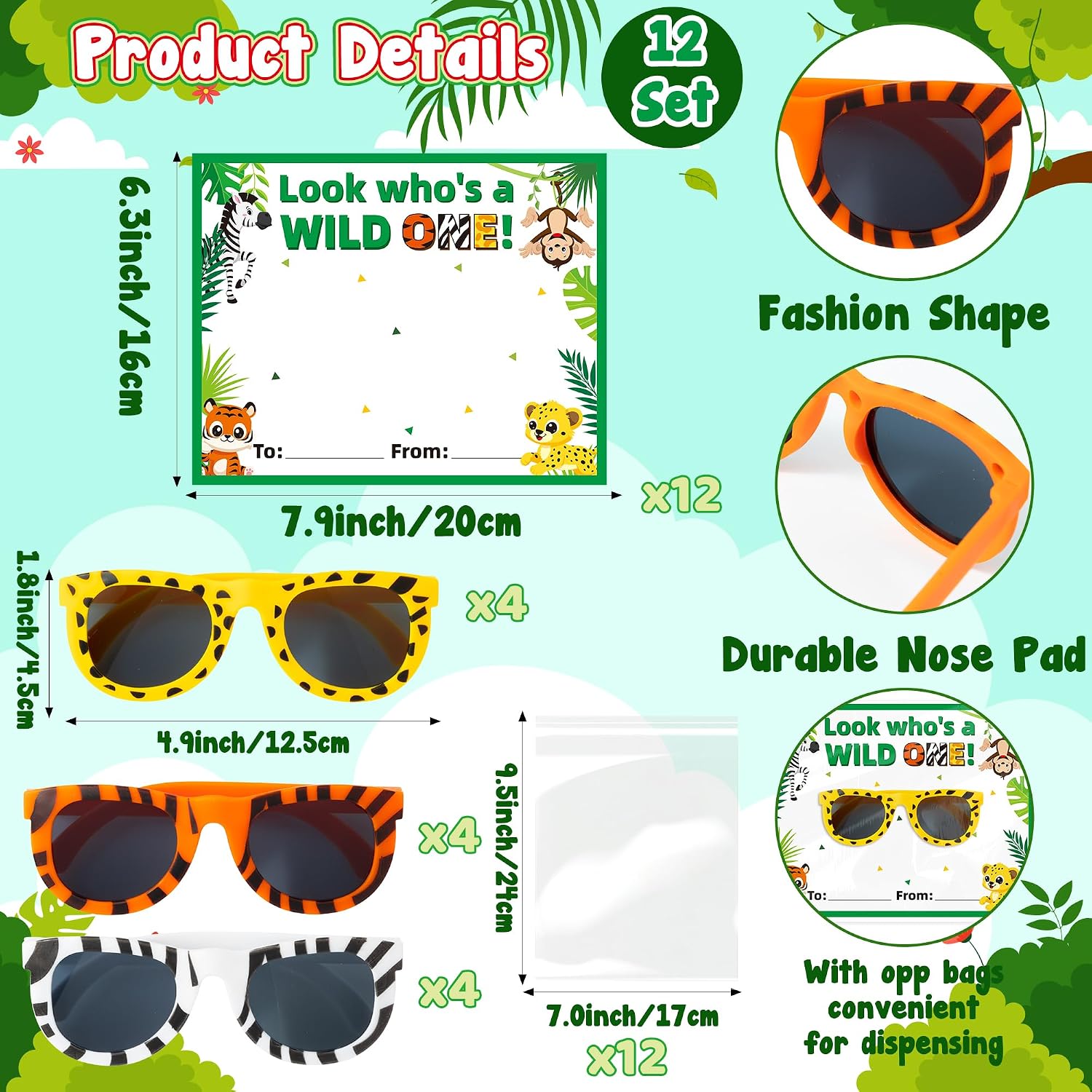 K1tpde 12 Pack Safari Animal Sunglasses with Gift Cards for Baby First Birthday Party, Wild One Greeting Card with Tiger Zebra Cheetah Sunglasses Decoration for 1st Birthday Jungle Party Favors Supply