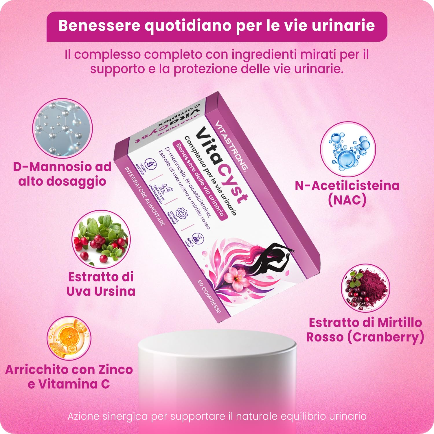 VitaCyst, D Mannosio Puro con NAC N-Acetil-Cisteina, Estratti di Mirtillo Rosso (Cranberry) e Uva Ursina Vegan Integratore Alimentare Vie Urinarie Donna, 60 Compresse Senza Glutine, Lattosio, OGM