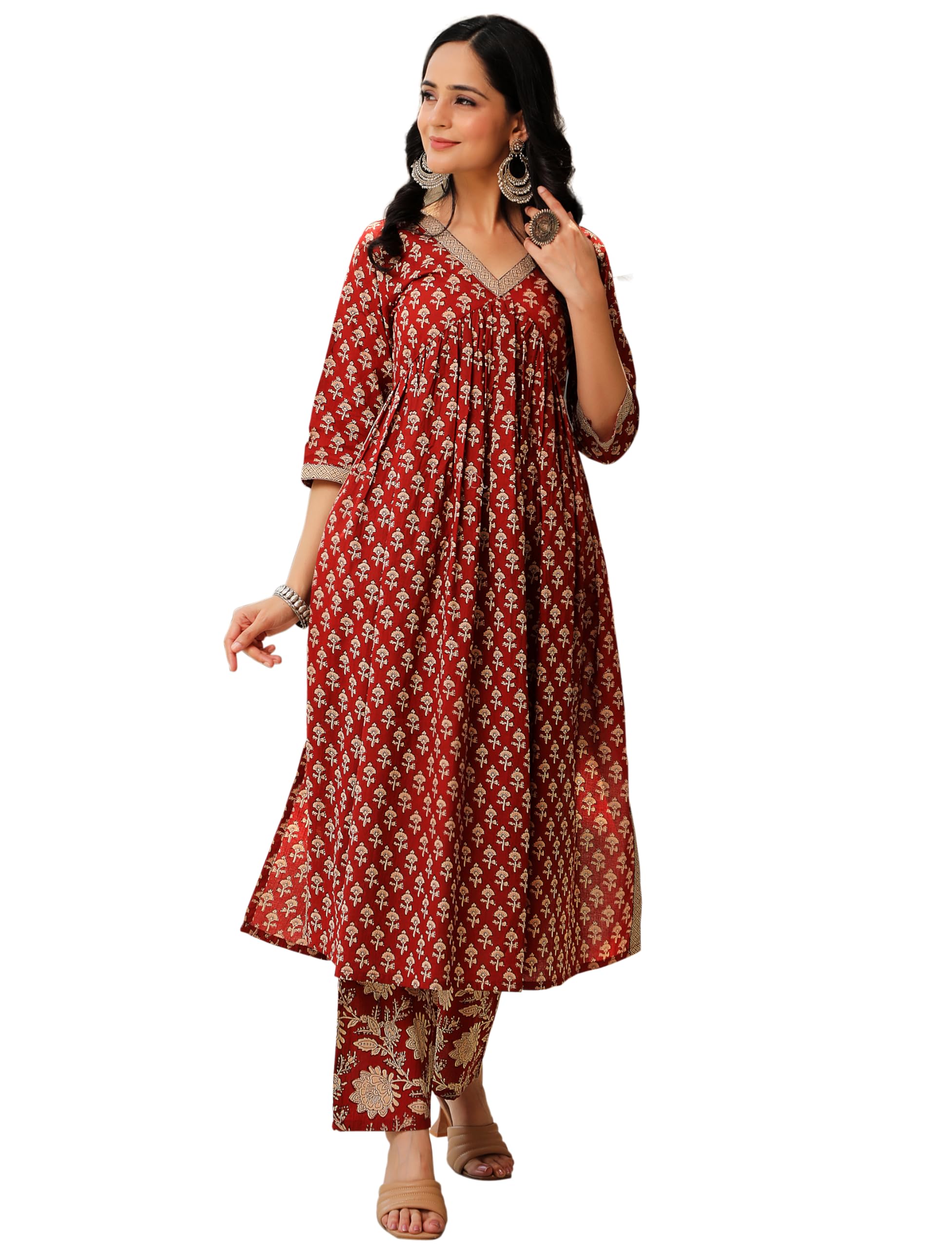 Rust Printed Cotton Blend A Line Kurta set for Women | daily wear suit-image-48