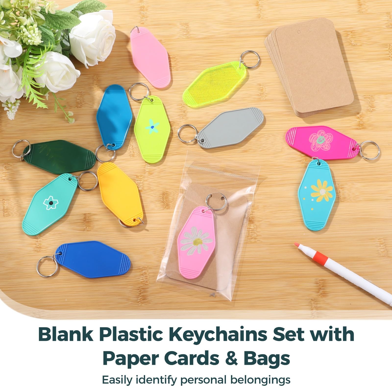 300 Stück Blanko-Kunststoff-Schlüsselanhänger-Set mit Papierkarten und Taschen, Acryl-Diamant-Form, Motel-Schlüsselanhänger, Rohling, Hotel-Schlüsselanhänger, Rohling, Vintage-Gepäckanhänger