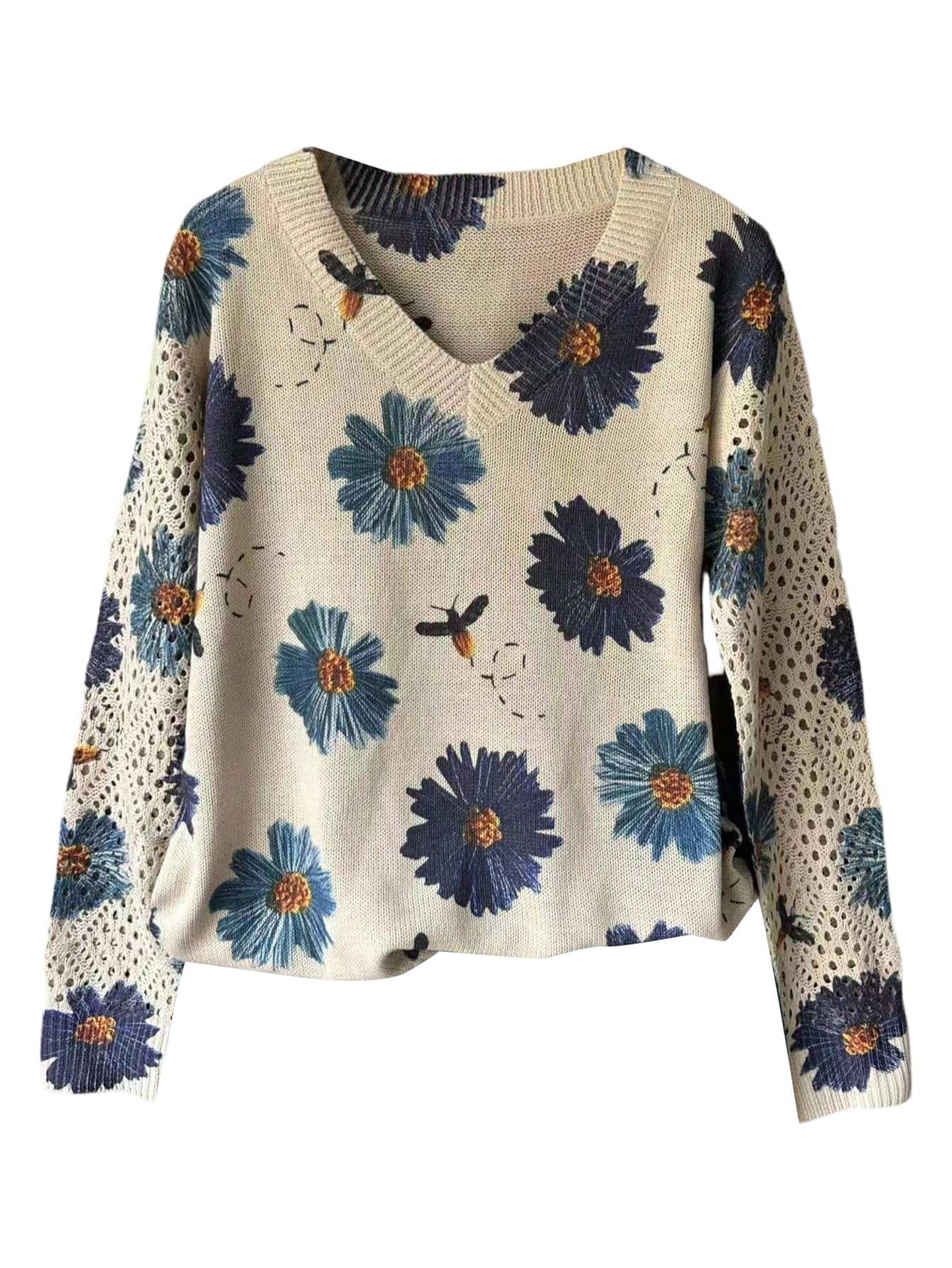 GORGLITTER Womens Floral V Neck Boho Lightweight Sweaters Hollow Out Long Sleeve Crochet Tops Vintage Knit Top