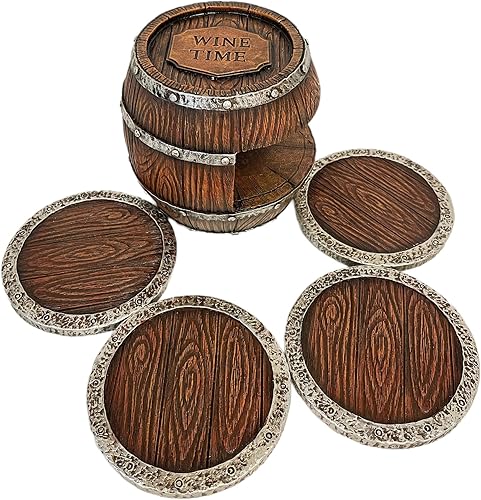 De Leon Collections Juego de posavasos redondos de 4 piezas con soporte decorativo, poliresina de 3.5 pulgadas, barril de tiempo de vino