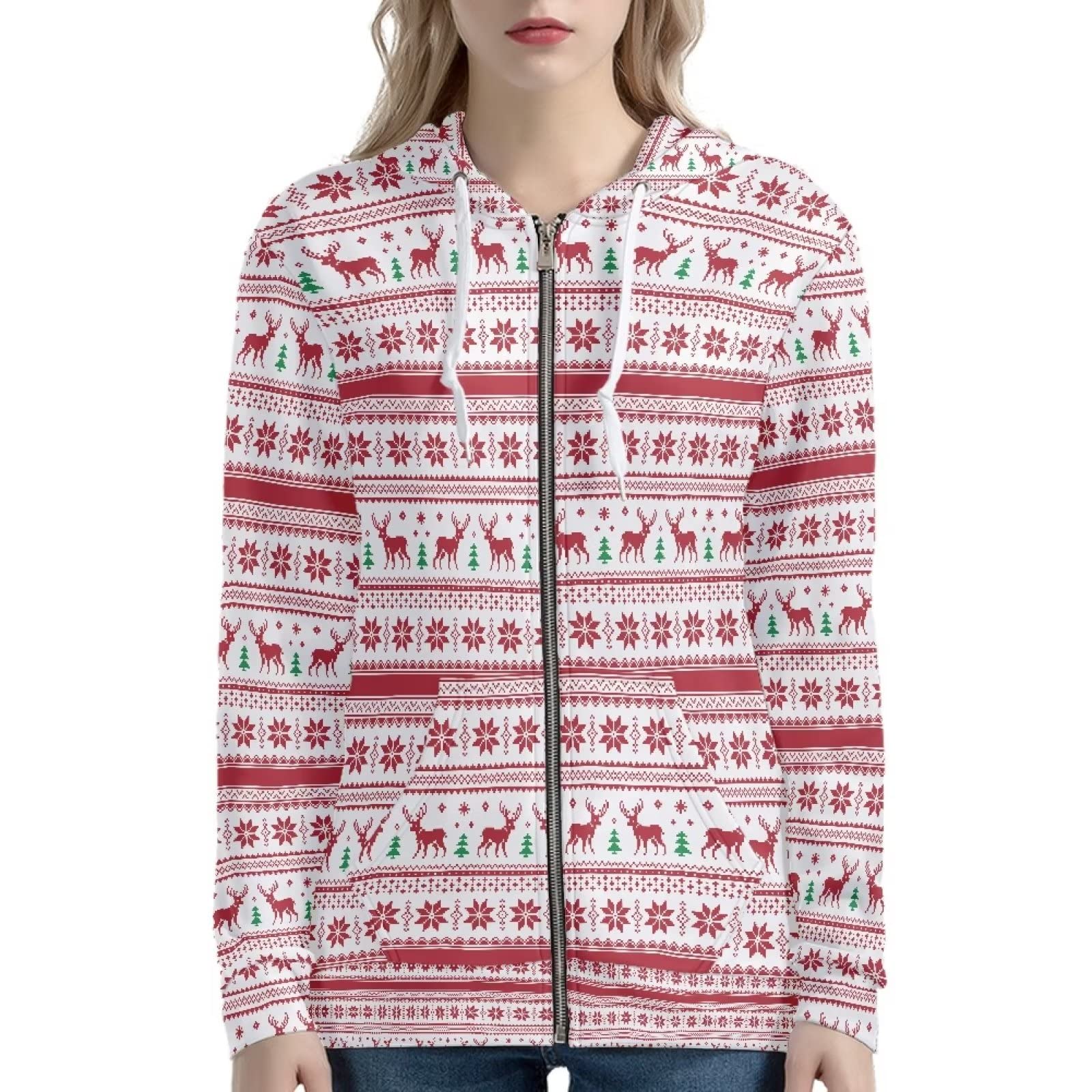 Felpe con cappuccio da donna con zip intera con tasche, Natale., S