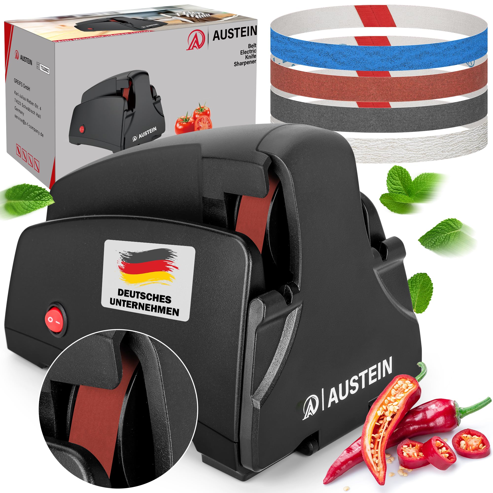 AUSTEIN Band Messerschärfer elektrisch TG2002 Profi Messerschleifer konvexen Schliff 4 Schleifabstufungen