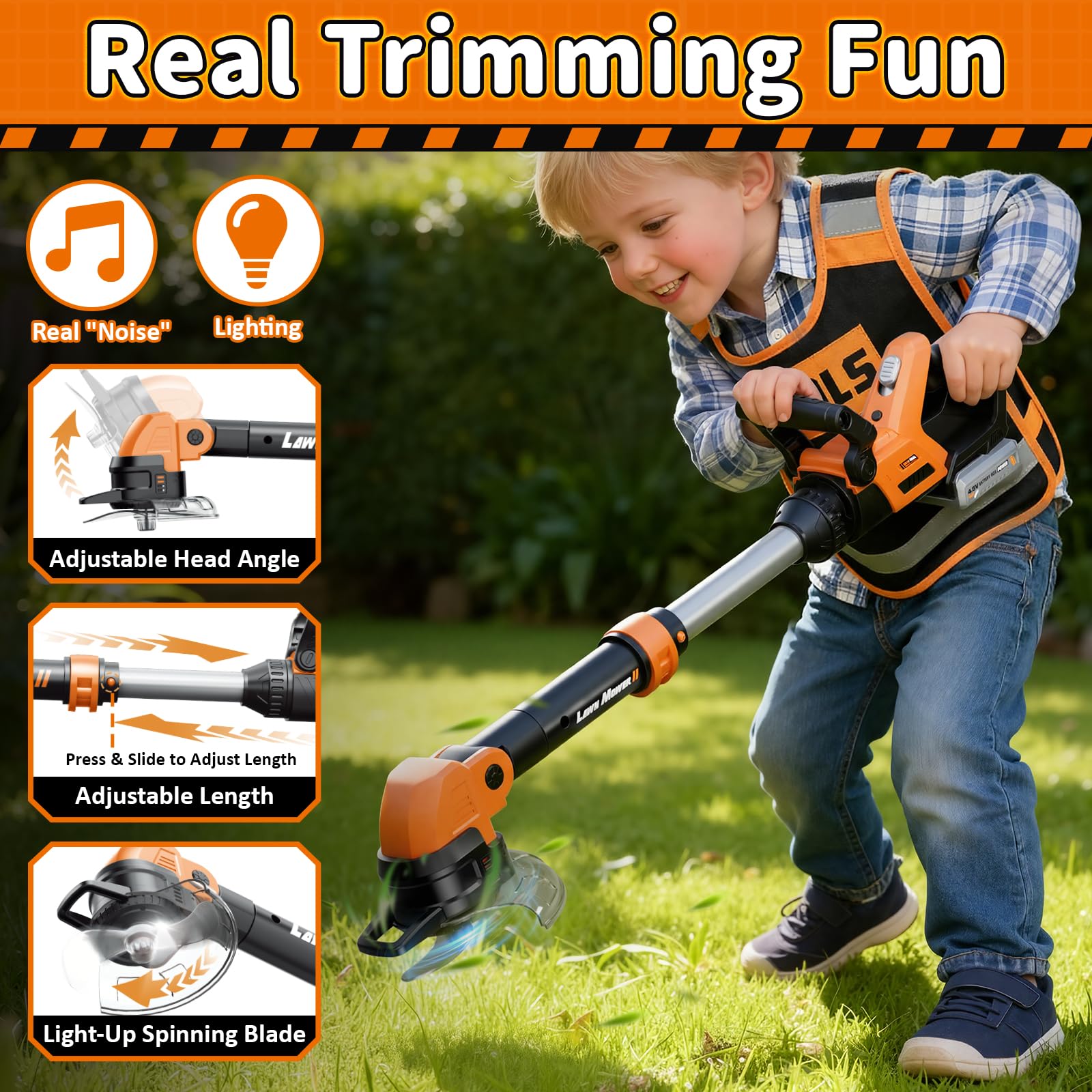 KidBloom 2 in 1 Attrezzi da Lavoro Bambini con Gilet Portautensili, Decespugliatore Giocattolo & Soffiatore Foglie con Suoni, Giochi da Giardino per Bambini, Giochi Bambino 3 Anni