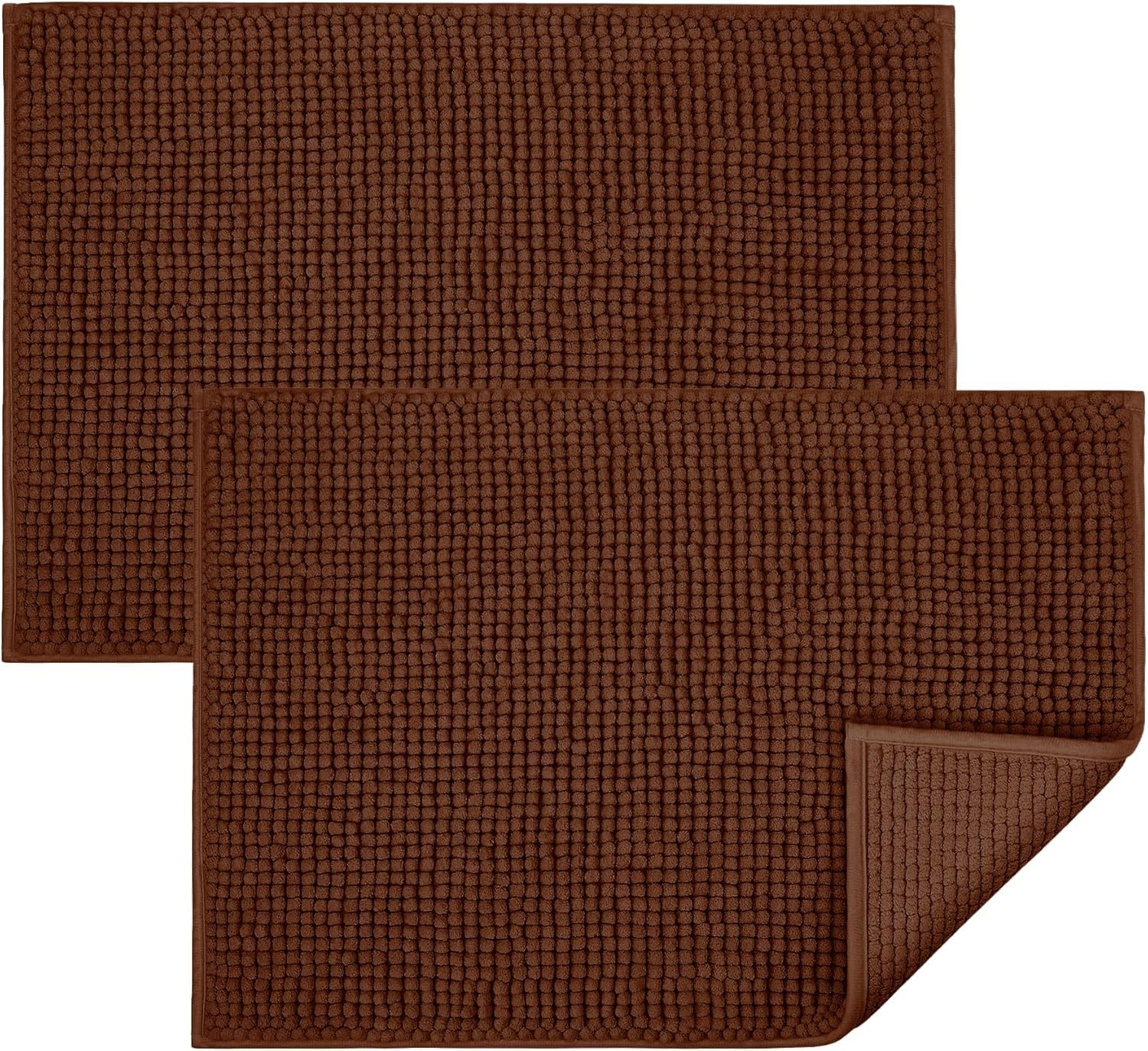 BedLooms Brown Bath Mat Non-Slip Anti Mould, 2 Pack 60x90cm Chenille Bathroom Mat, Ultra Soft Machine Washable Bath Mats Water Absorbent Shower Mat
