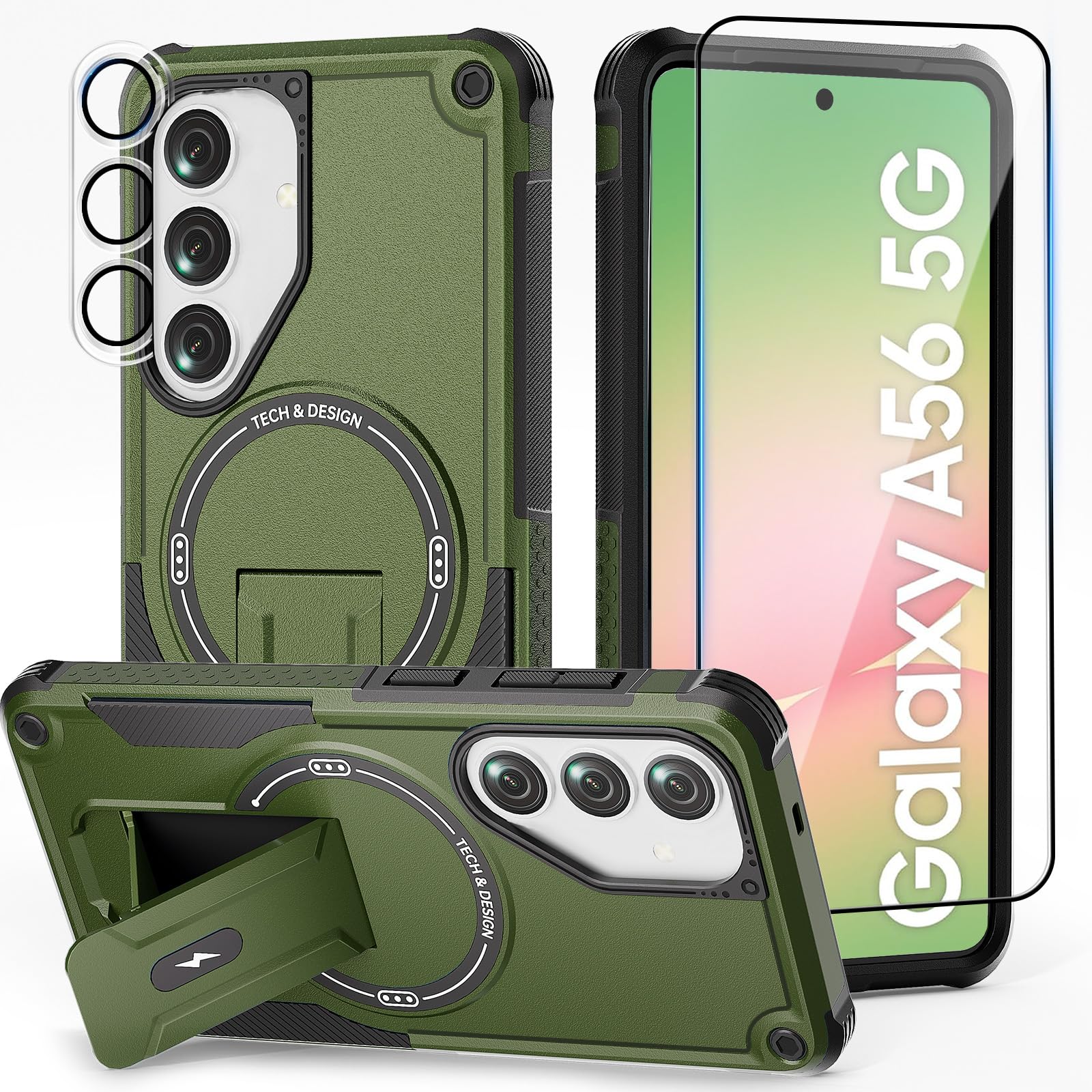 Leedia Magnetisch Hülle Kompatibel mit Samsung Galaxy A56, Dual-Layer-Handyhülle mit Versteckter Ständer für Galaxy A56, Stoßfest Schutzhülle mit 2 Kameraschutz + 2 Schutzglas, Grün