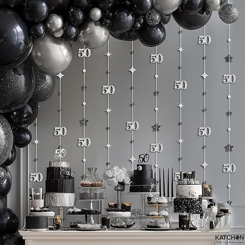 Miniatura 7 de KatchOn, Decoraciones plateadas para cumpleaños n. 50, guirnalda de cumpleaños 50 de 9 cuerdas, 6 pies, sin serpentina colgante para fiesta de 50
