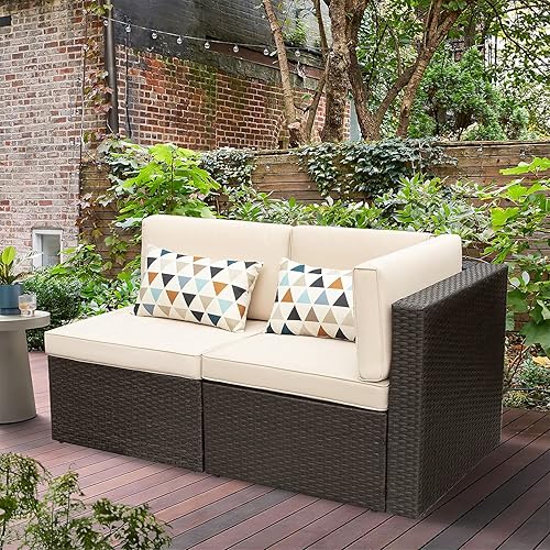 Miniatura 8 de Devoko Juego de muebles de patio para exteriores, sofá esquinero seccional para todo tipo de clima y sofá pequeño sin brazos (beige, juego de 2