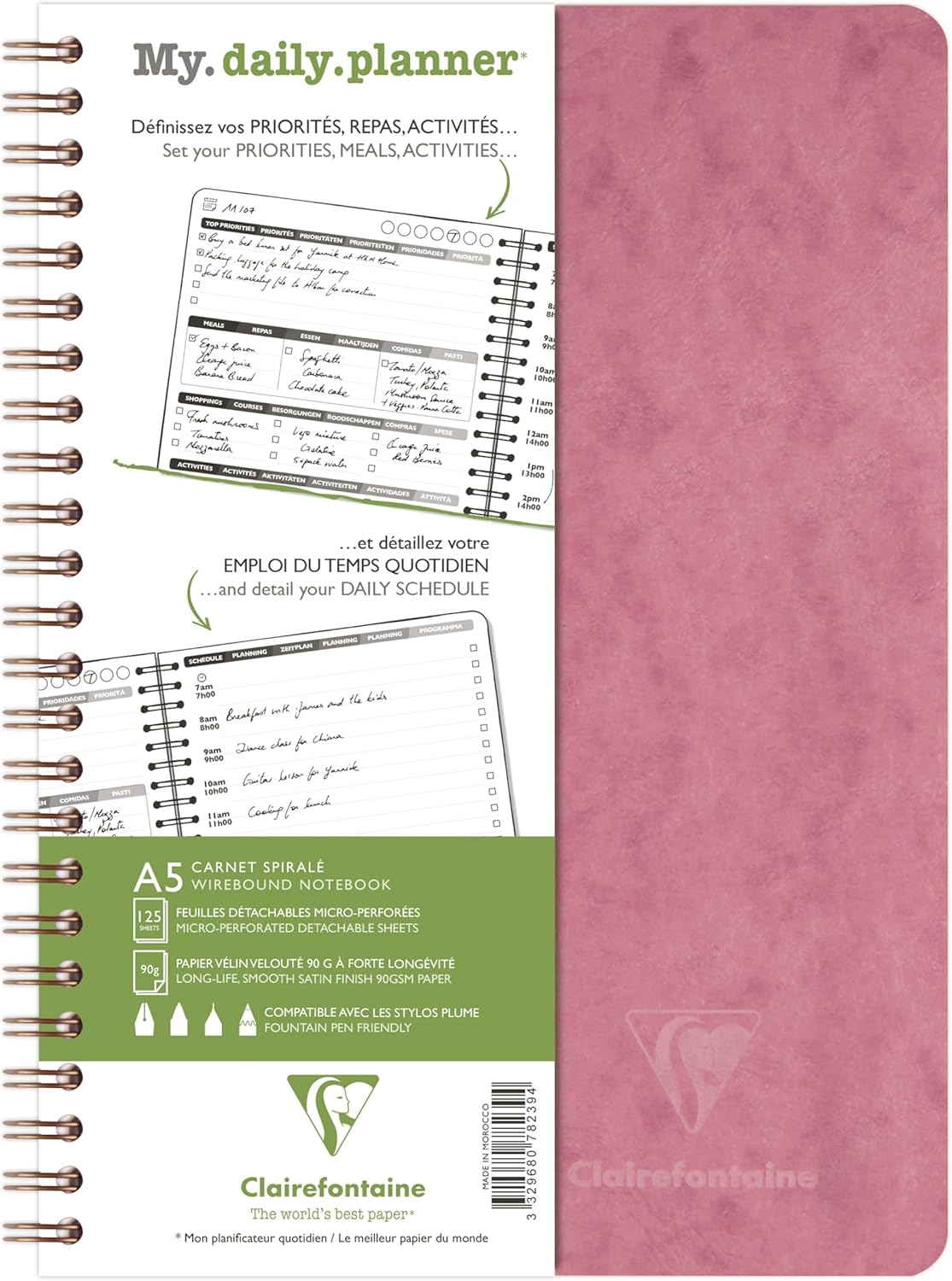 Clairefontaine 782396C Collection Age Bag My.daily.planner Spiral Notebook Antique Pink A5 14,8x21cm - 250 Pages Schedule DOT - White Paper 90g - Card Cover