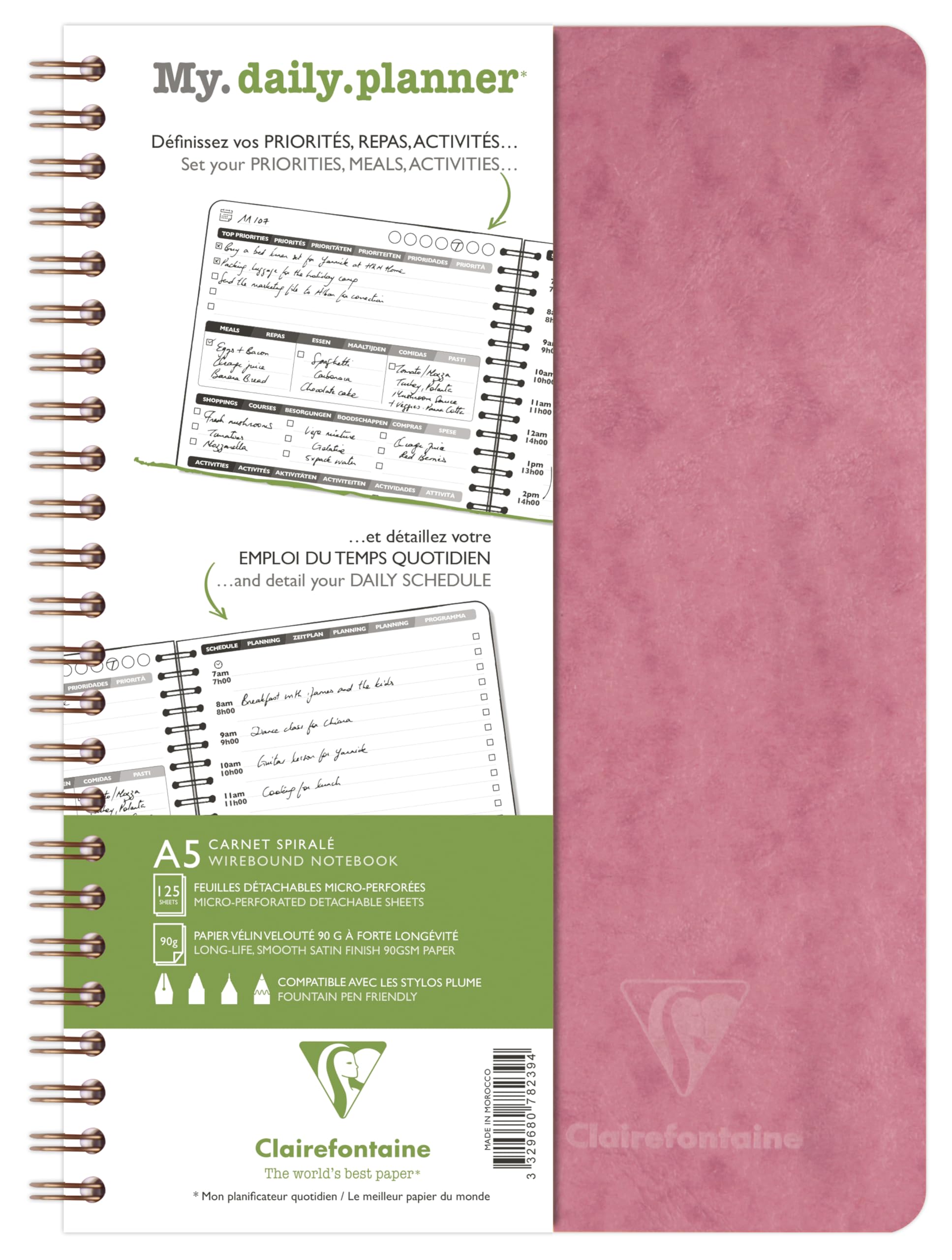 Clairefontaine 782396C Collection Age Bag My.daily.planner Spiral Notebook Antique Pink A5 14,8x21cm - 250 Pages Schedule DOT - White Paper 90g - Card Cover