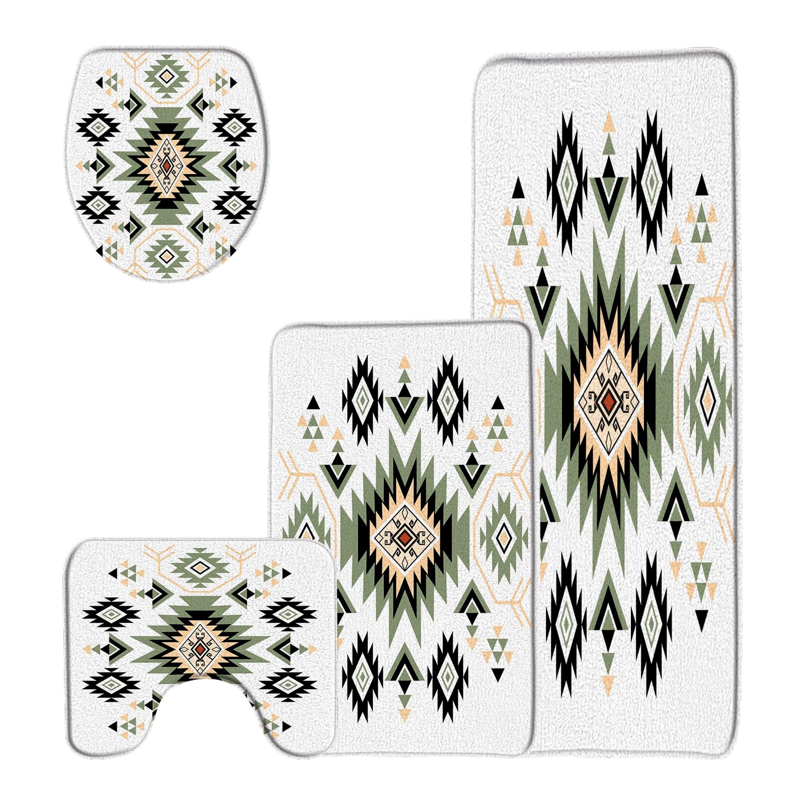 DSMEUE 4 Pieces Bathroom Rug Sets,Western Boho Aztec Abstract Geometric Tribal Native Sage Green 20"x31"and 18"x48"Bath Mats,Toilet Cover,U-Shaped