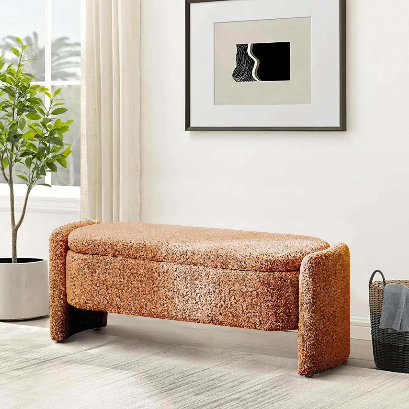Hommoo Storage Bench for Bedroom Sherpa Upholstery Oval Ottoman Bench for Living Room Modern End of Bed Storage Bench with Large Storage Space 47” Entryway Storage Bench Orange