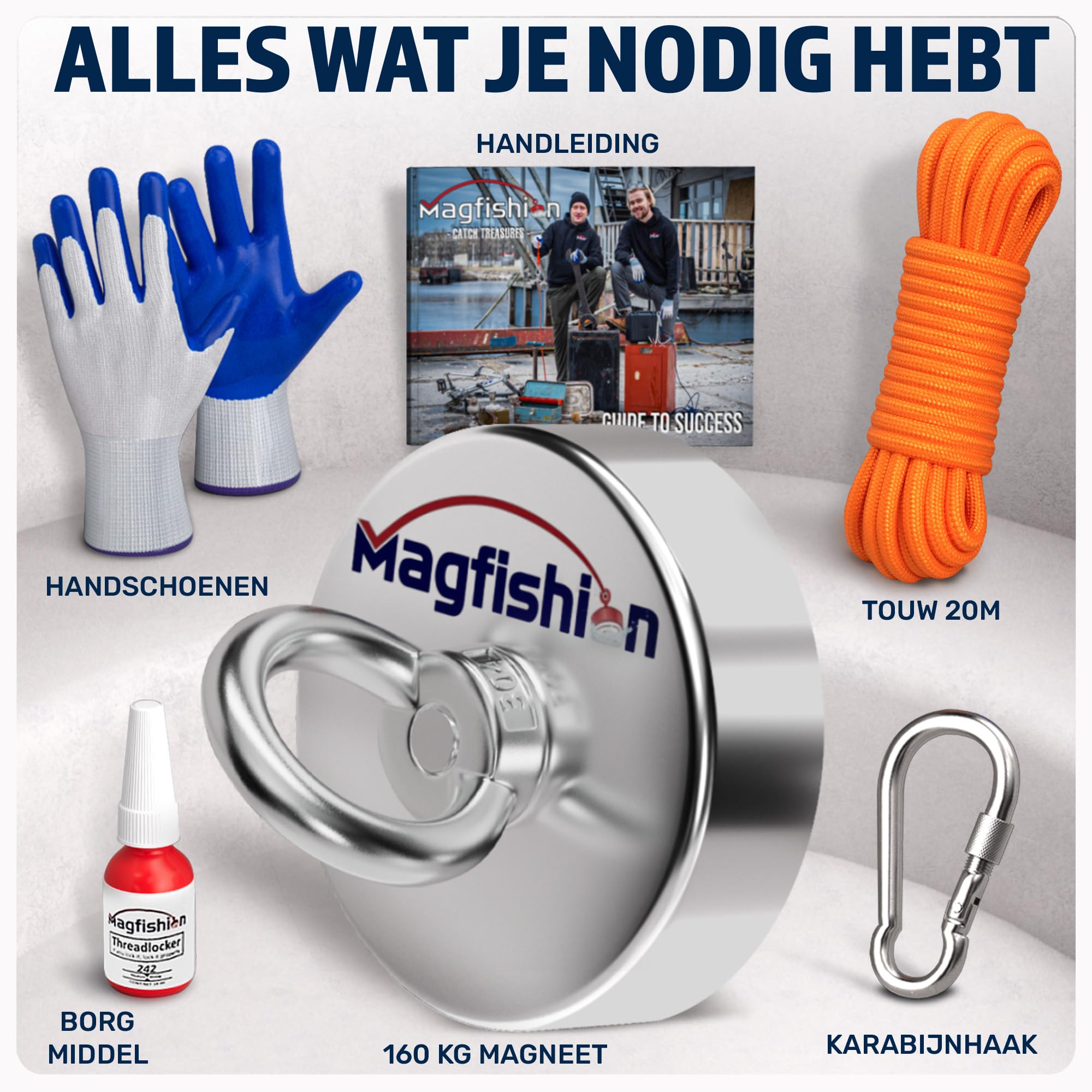 MAGFISHION Dubbelzijdige Magneetvissen Set 300KG (2 x 150kg) - Vismagneet 60mm - 20M Touw, Karabijnhaak met Schroefsluiting - Handschoenen - Borgmiddel - Magneetvissen Starterspakket - Magneet Vissen