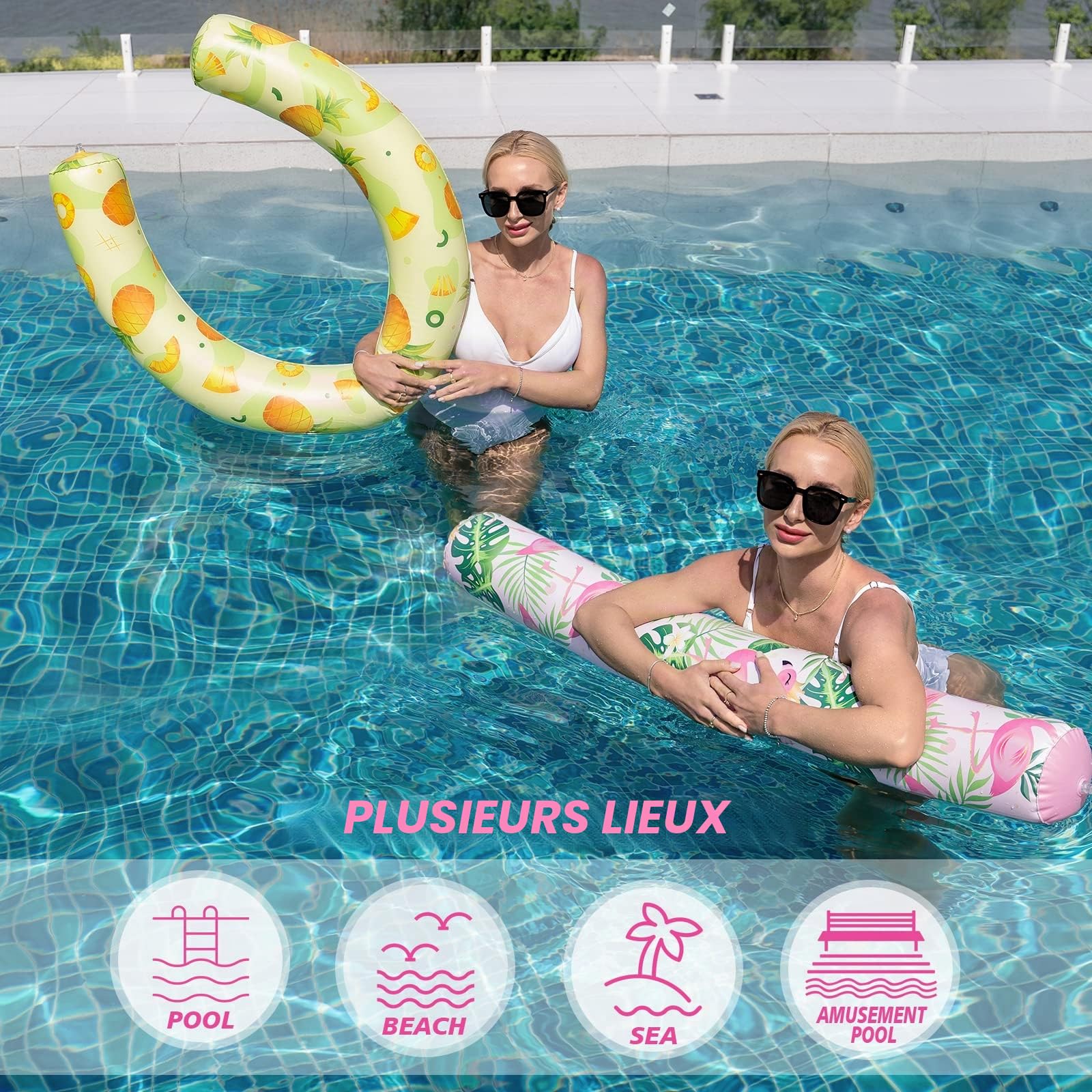Lot de 2 Nouilles de Natation gonflables pour Adultes - Rose et Jaune - pour Les Vacances d'été, la mer, la Plage, Le lac, Les Exercices de fête (Flamant Rose et Ananas)