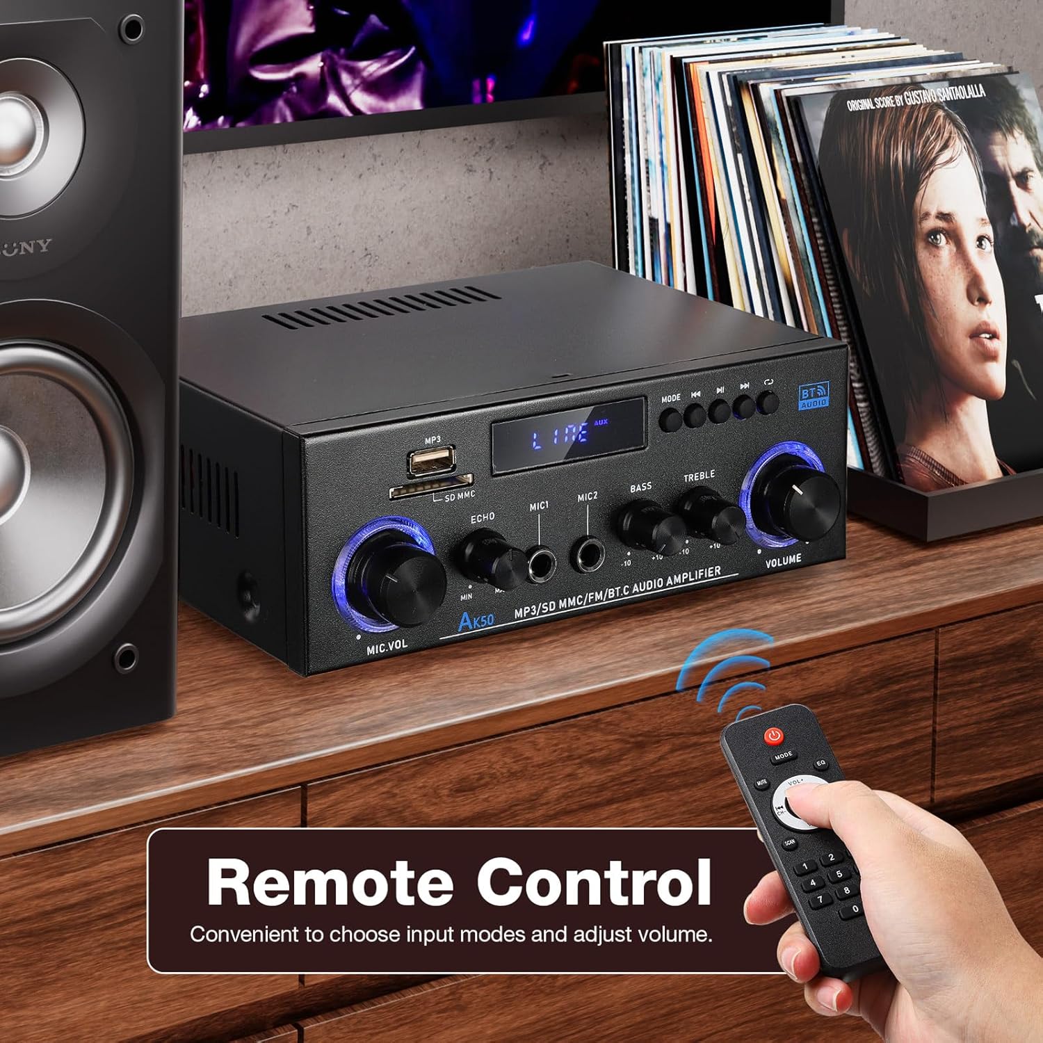 Contents of the Facmogu AK-50 package including the amplifier, remote control, FM antenna, user manual, and power cord.