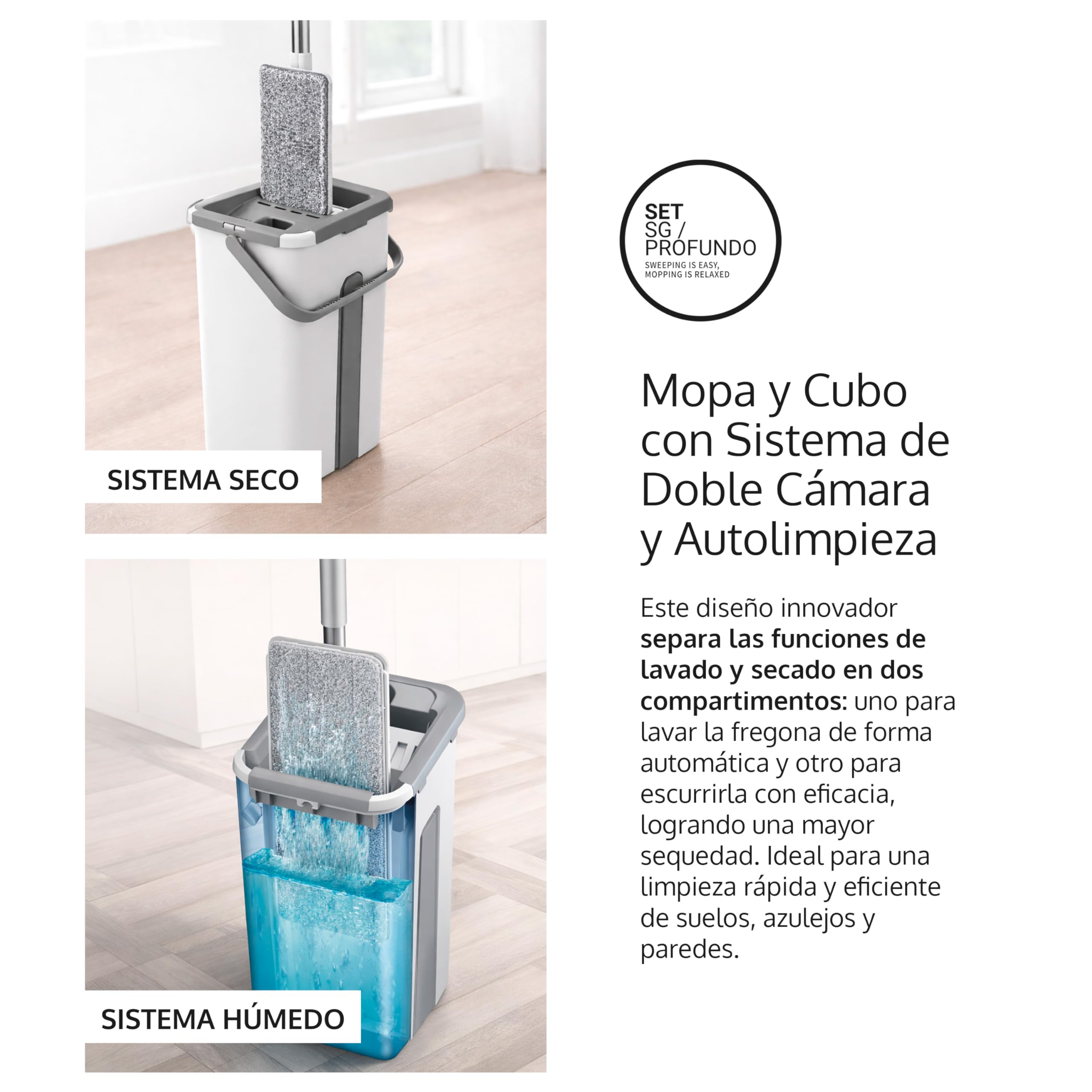 Pamex - Mopa Microfibra Set SG-Profundo Cubo Doble Cámara Independiente Lavado y Secado Higiénico