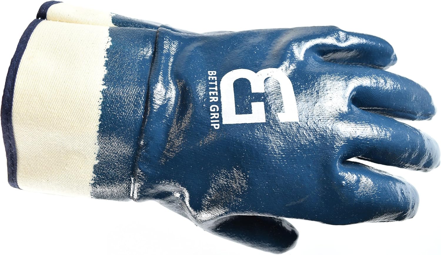 Heavy Duty Premium Nitrile Rubber Fully Coated Gloves with Safety Cuffs, Smooth, Blue, Chemical Resistant, Large (1 Pair)