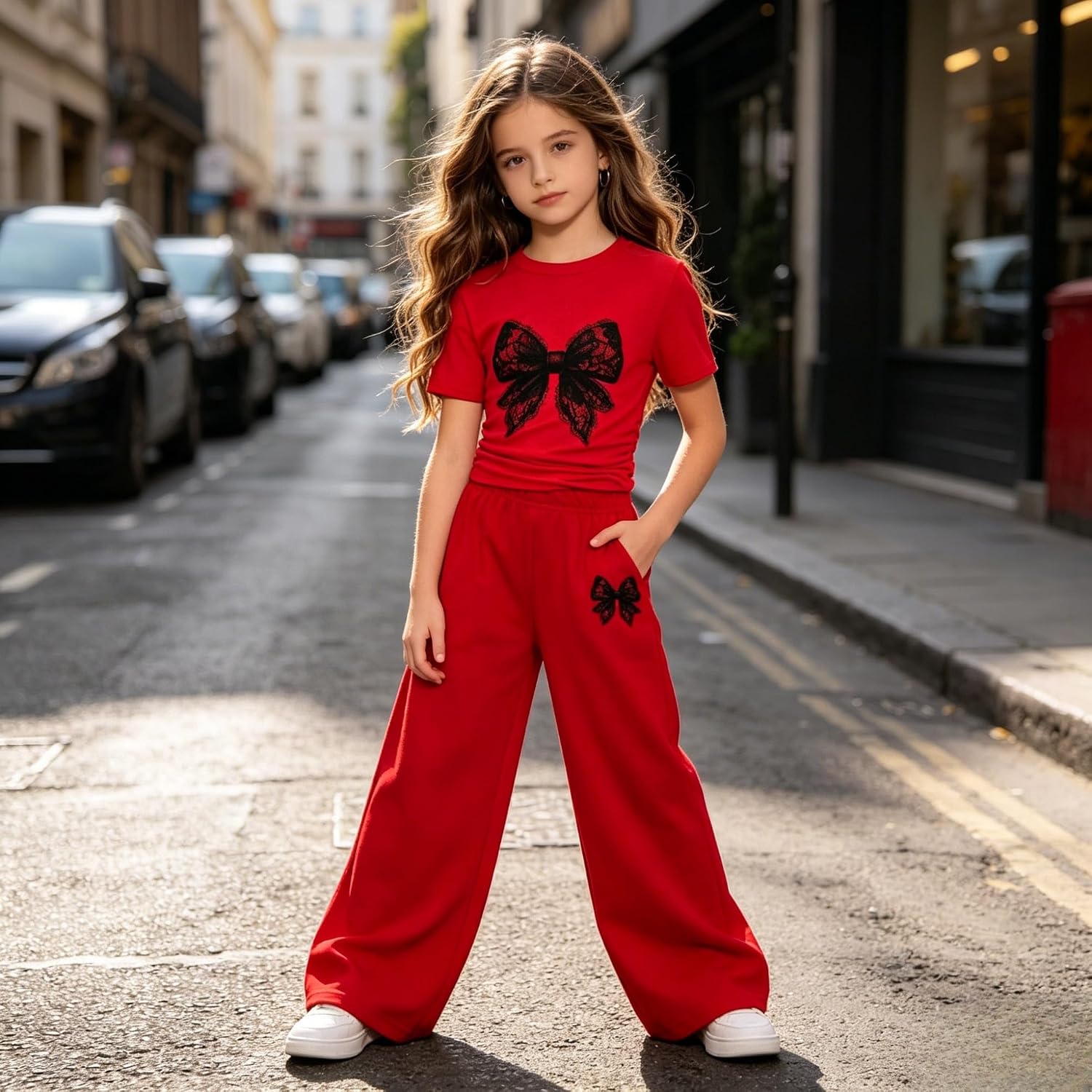 Yoxindax Girls 2 Piece Outfits Bow Tie Short Sleeve Crop Tops and Wide Leg Pants Set Kids Casual Summer Clothes 7-14 Years