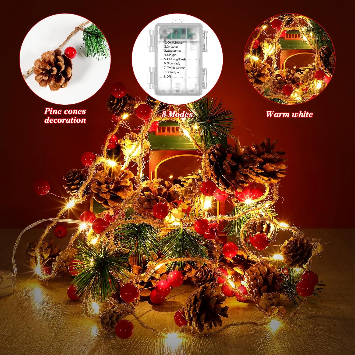Christmas Garland with Lights, 9.8FT 30 LED Lights Christmas Deccorations for Apartment, Christmas Indoor Decorations with Pinecones, Red Berries, Bells for Fireplace Mantel, Stairs (Warm Color) - Image 5