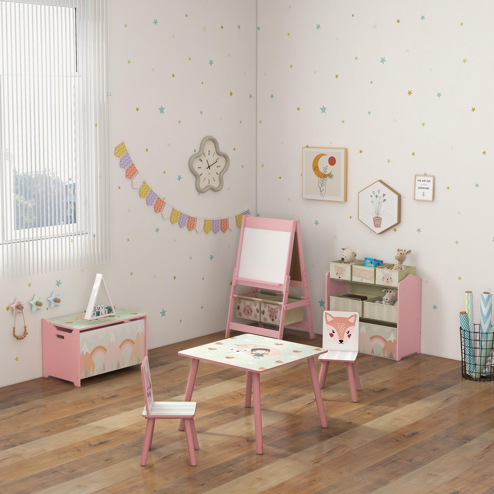 ZONEKIZ Set 3 Pezzi con Tavolo e 2 Sedie per Bambini da 3-8 Anni in MDF e Legno di Pino, Tavolino per Bambini e Seggiole con Disegni di Animali, Rosa