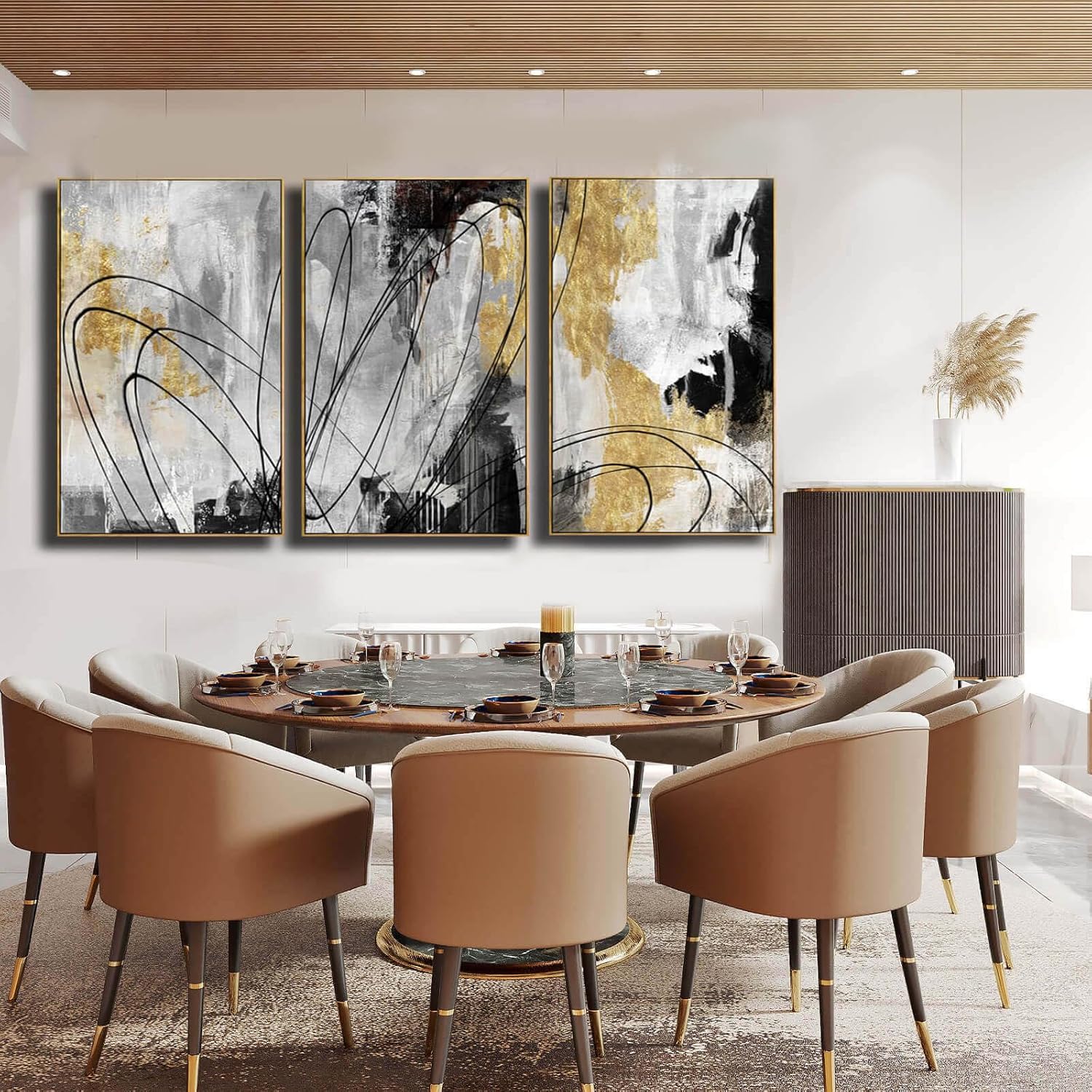 YJYart Gold Wall Art Abstract Wall Art Living Room Decor Black and White Canvas Picture Home Decor Wooden Frame Line Paintings Modern Artwork Office Decor 24x 36x 3 Pieces