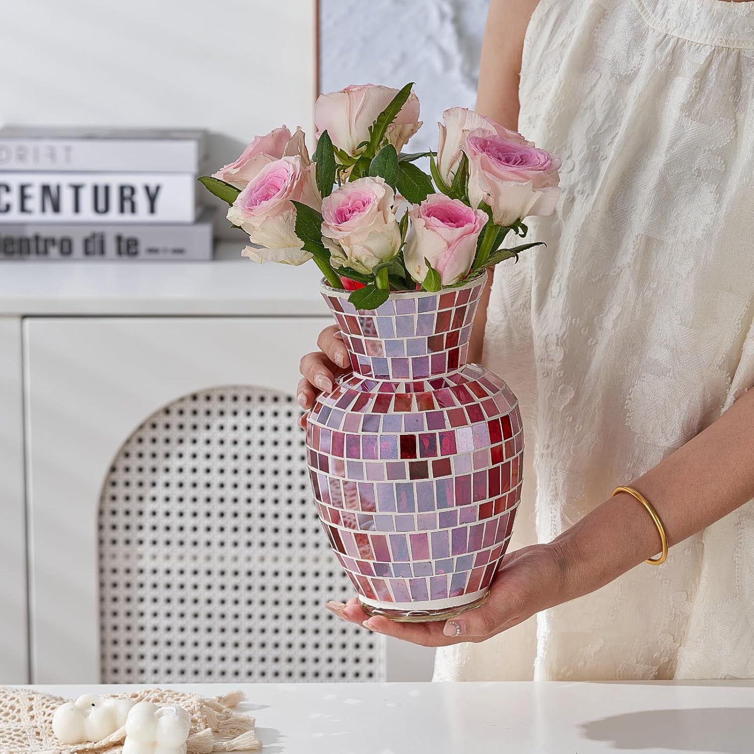 Pink Mosaic Glass Flower Vase, 8.7 Inch Handmade Home Decorative Vase for Living Room, Kitchen, Wedding, Pink Vase for Home Decor(Large) - Image 3