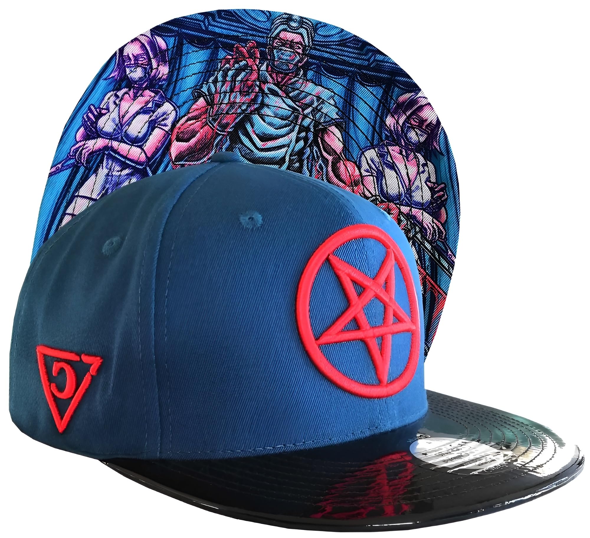 Capiche Men's [Cursed] Cursed Doctor [99+ Variations] Blue And Black Snapback Hat For Cursed Doctor, Red Pentagram Front Logo, Metallic Brim, Medical Doctor With Assistents Horror Image Design, Needle, Surgery