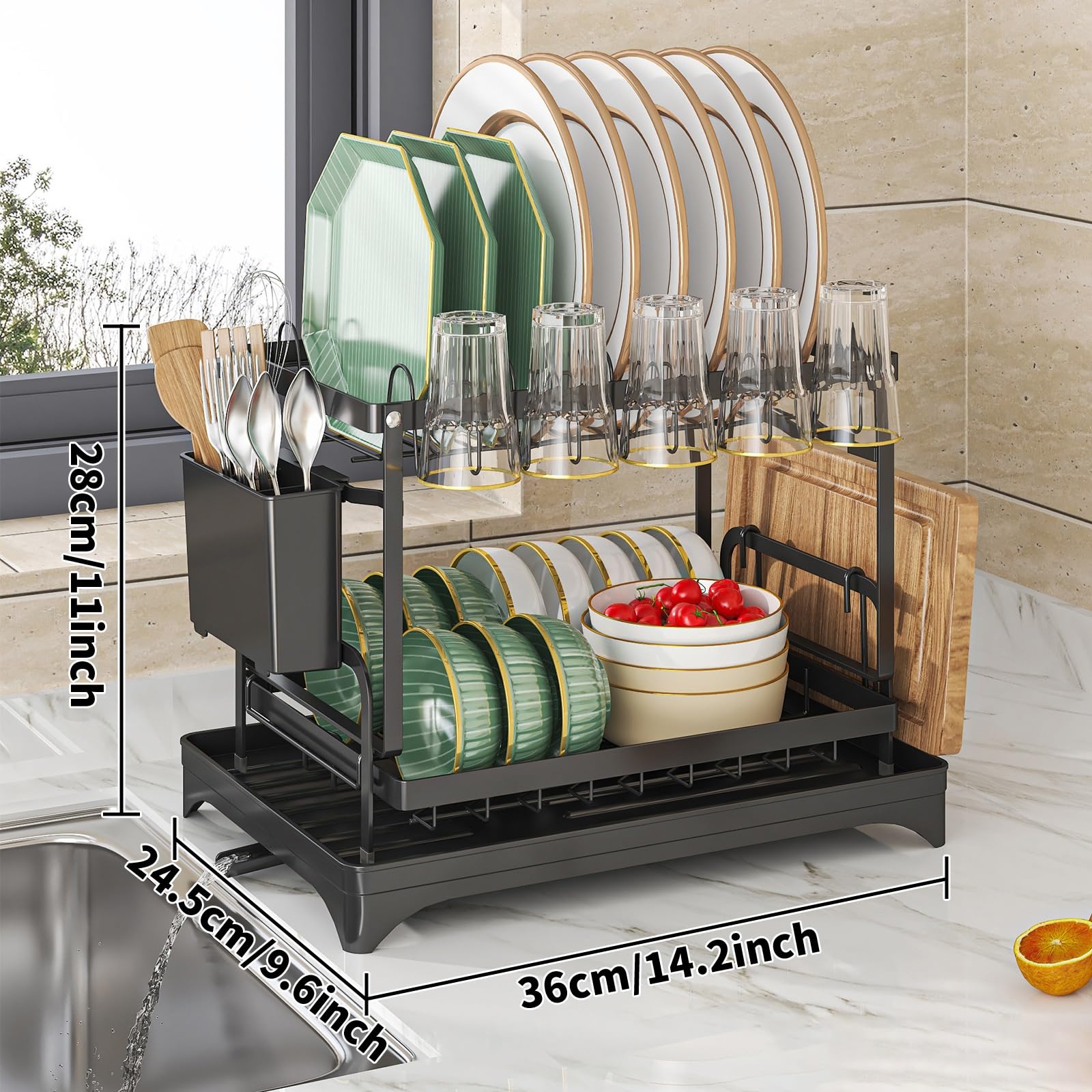 Extra breites, verstellbares Abtropfgestell mit Abtropfschale, Besteckhalter und Getränkehaltern, platzsparender Arbeitsplatten-Organizer für die Küche (schwarz, kompakte Größe)