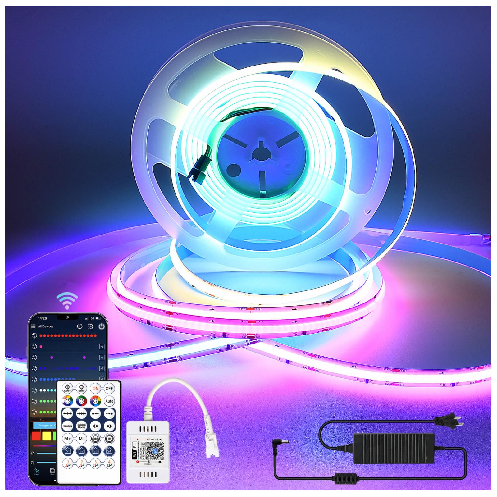 INDARUN RGB Smart IC COB Led Strip Light 720 LEDs/M, 16.4ft/5M 12mm Width, 12V Alexa Addressable Led Strip for TV Led Backlight, Music Sync, APP Control, Flexible Led Tape Light for Bedroom