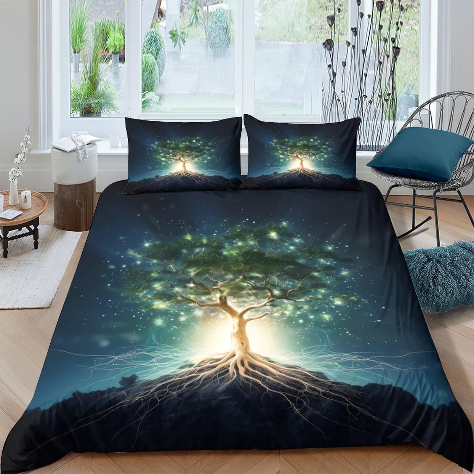 Ctjqhvkz Style-4 3D Printed Glowing Tree Fitted Sheet Microfiber Dark Forest Bed Cover For Bedroom Guest Room Breathable Washable Single（135X200cm）