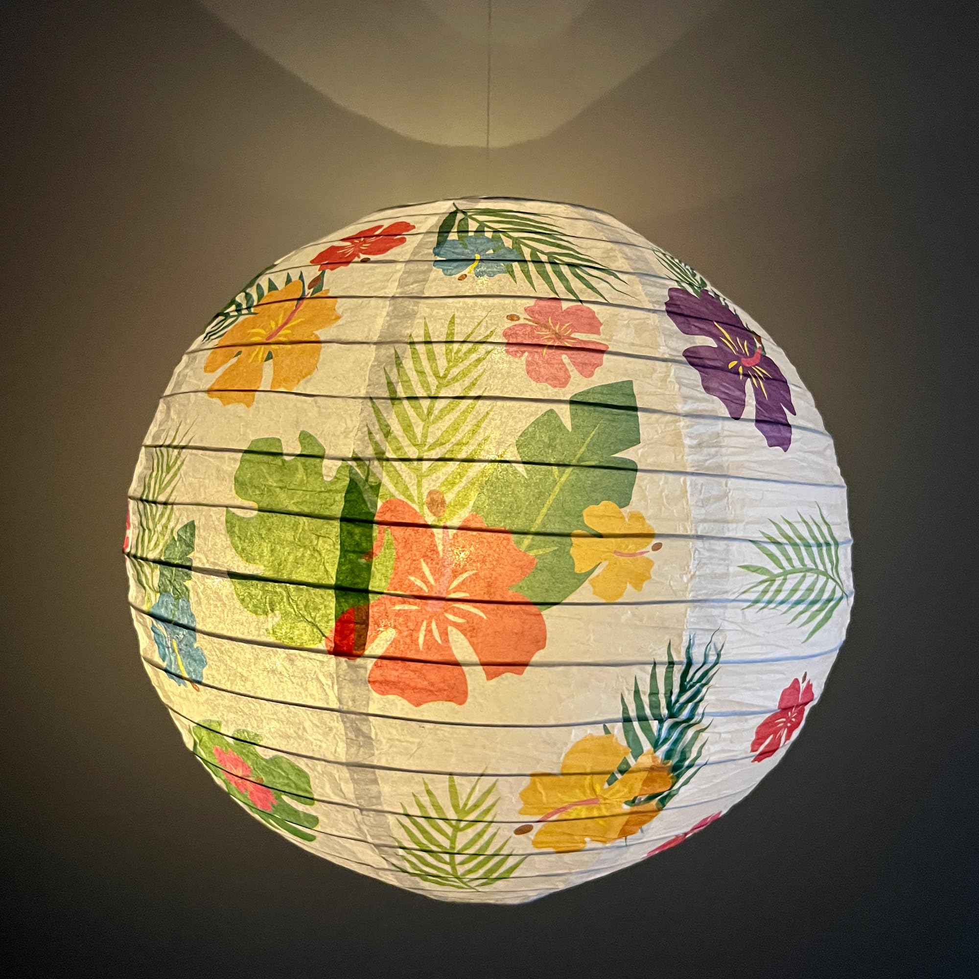Paper Lampshade Hanging Light Shade 30cm, Oriental Ribbed Japanese Ceiling Fixture with Pineapple & Floral Hawaiian Patterns - Image 4